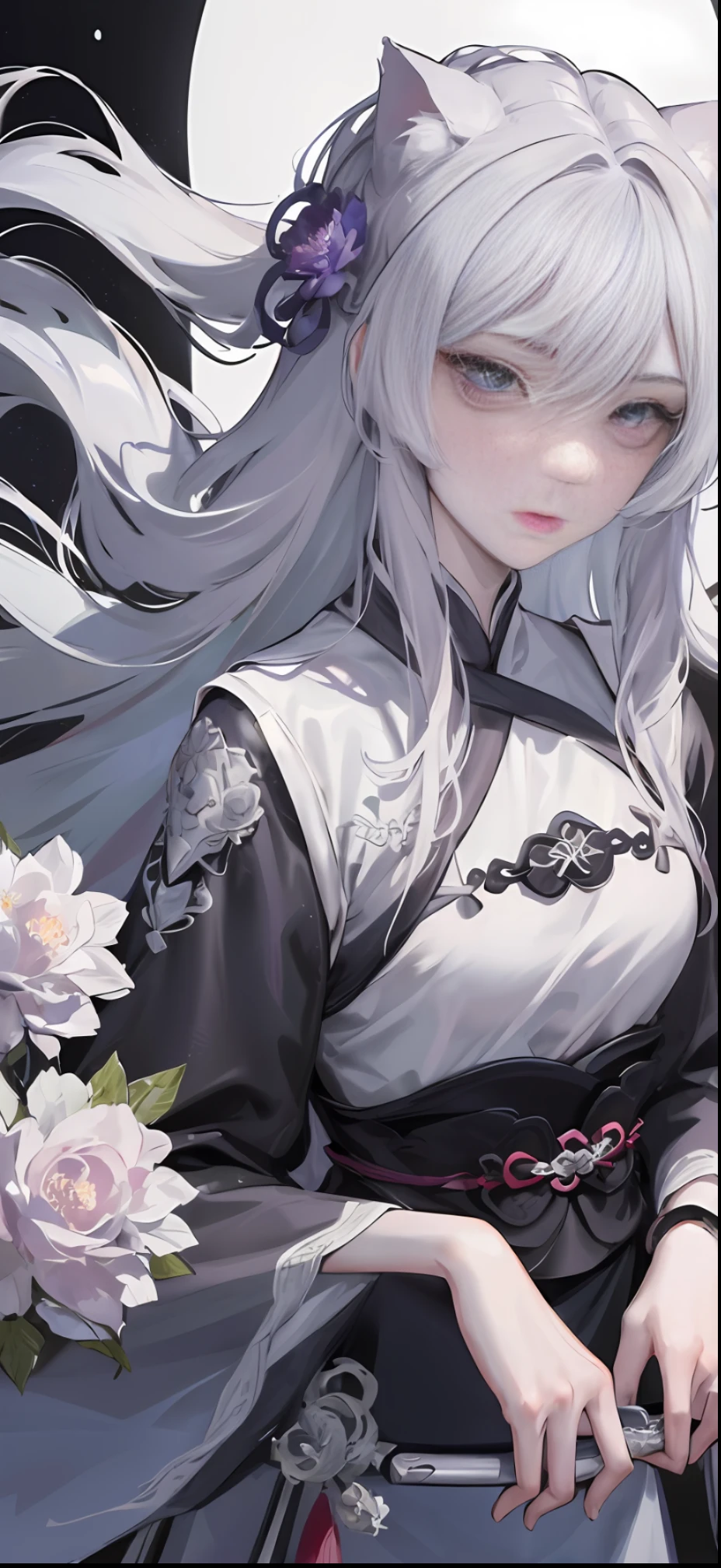 Masterpiece, Best, Night, Full Moon, 1 Female, Mature Woman, Chinese Style, Ancient China, Elder Sister, Royal Sister, Cold Face, Expressionless, Silver White Long Haired Woman, Pale Pink Lips, Calm, Intellectual, Three Belts, Gray Hitomi, Assassin, Dagger, Flower Ball Background, Strolling Street Masterpiece, Best, Night, Full Moon, 1 Female, Mature Woman, Chinese Style, Ancient China, Elder Sister, Royal Sister, Cold Face, Expressionless, Silver White Long Haired Woman, Pale pink lips, calm, intellectual, three belts, gray pupils, assassin, dagger, flower ball background, street view, white-haired catwoman, Hanfu, cat ears, cat tail, clear purple eyes