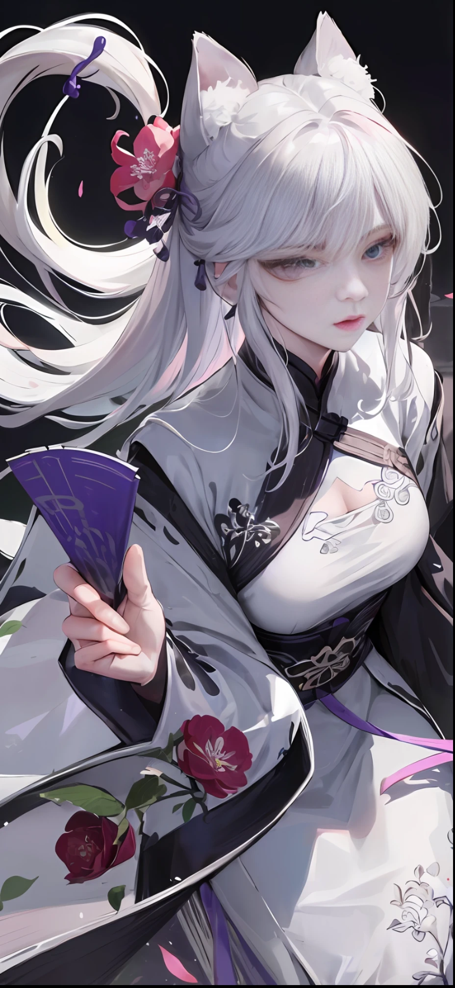 Masterpiece, Best, Night, Full Moon, 1 Female, Mature Woman, Chinese Style, Ancient China, Elder Sister, Royal Sister, Cold Face, Expressionless, Silver White Long Haired Woman, Pale Pink Lips, Calm, Intellectual, Three Belts, Gray Hitomi, Assassin, Dagger, Flower Ball Background, Strolling Street Masterpiece, Best, Night, Full Moon, 1 Female, Mature Woman, Chinese Style, Ancient China, Elder Sister, Royal Sister, Cold Face, Expressionless, Silver White Long Haired Woman, Pale pink lips, calm, intellectual, three belts, gray pupils, assassin, dagger, flower ball background, street view, white-haired catwoman, Hanfu, cat ears, cat tail, clear purple eyes