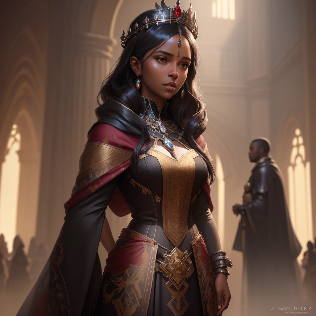 modelshoot style, (extremely detailed CG unity 8k wallpaper), full shot body photo of the most beautiful artwork in the world, medieval queen, red vale, dark skin, black woman, golden crown, diamonds, medieval architecture, professional majestic oil painting by Ed Blinkey, Atey Ghailan, Studio Ghibli, by Jeremy Mann, Greg Manchess, Antonio Moro, trending on ArtStation, trending on CGSociety, Intricate, High Detail, Sharp focus, dramatic, photorealistic painting art by midjourney and greg rutkowski