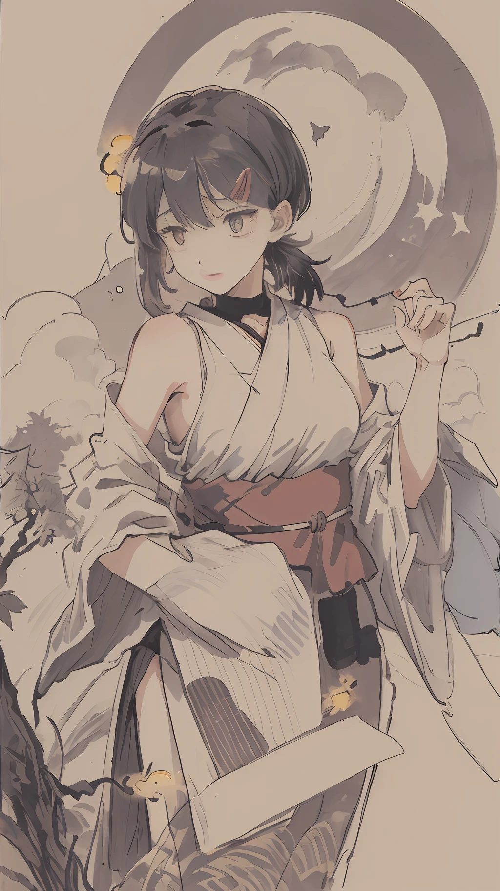 masterpiece, best quality, night, hill, clouds, full moon, long hair, character kobeni,woman, silhouette, fireflies.stars,leafs,