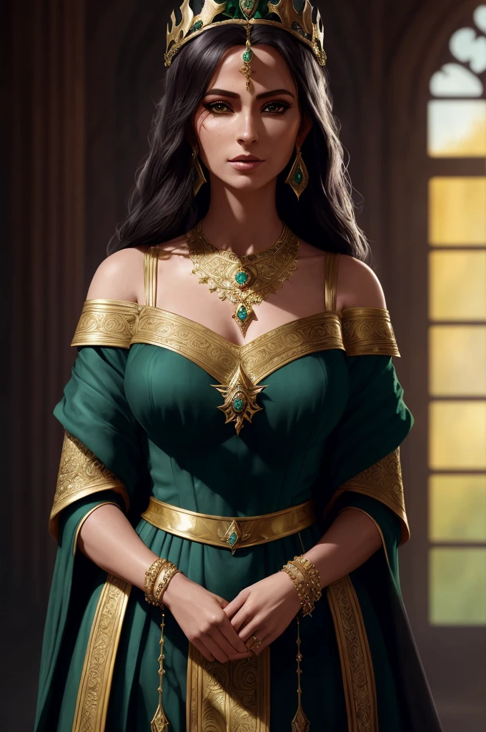 arafed woman in a green dress and gold jewelry, portrait of an elf queen, a beautiful fantasy empress, elfic priestess, ((a beautiful fantasy empress)), beautiful and elegant elf queen, stunning character art, beautiful and elegant female elf, beautiful elf with ornate robes, portrait of a female mage, epic exquisite character art, beautiful character painting