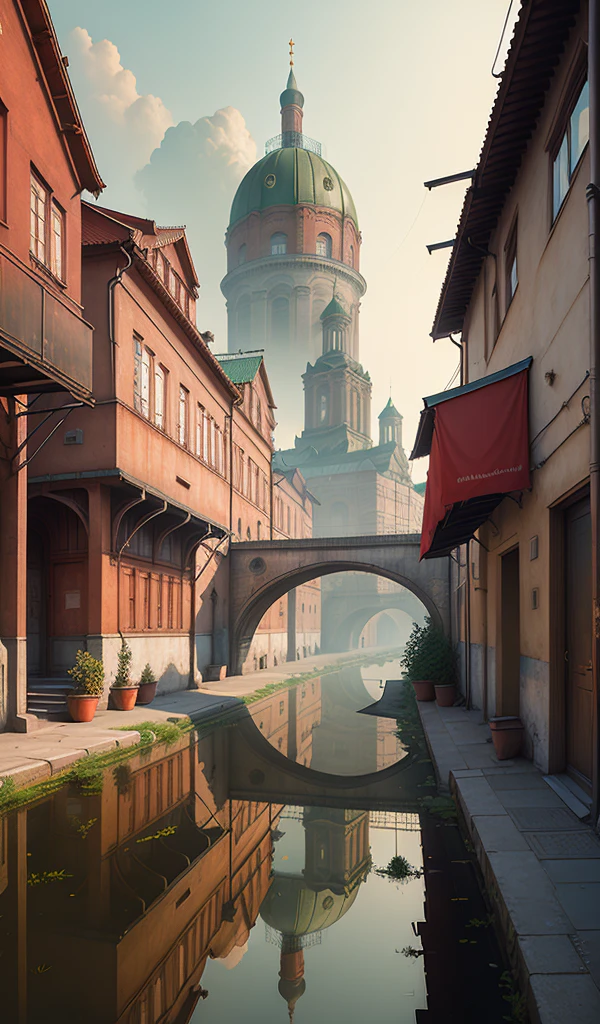 ((masterpiece)),((best quality)),((high detial)),((realistic,)) industrial age city, soviet, communism, red, architecture streets, bazaars, bridges, rainy, gloomy