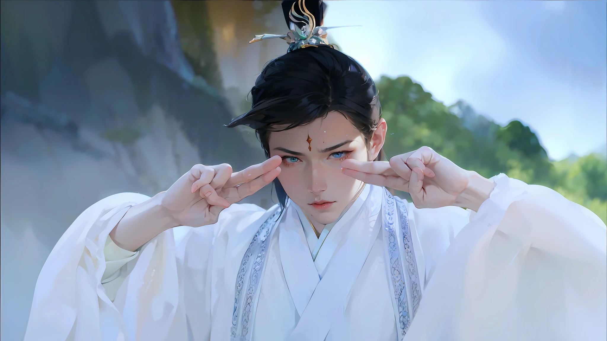 (Male: 1.1), Oriental beauty, (masterpiece), best quality, Anime, merge, colorful, vibrant colors, illustration, artstyle, fantasy, realistic, animation, (photo_\(medium\):1.0), by Antonio J. Manzanedo, by Jeremy Lipking, lightning, in surreal landscape, smooth, sharp focus