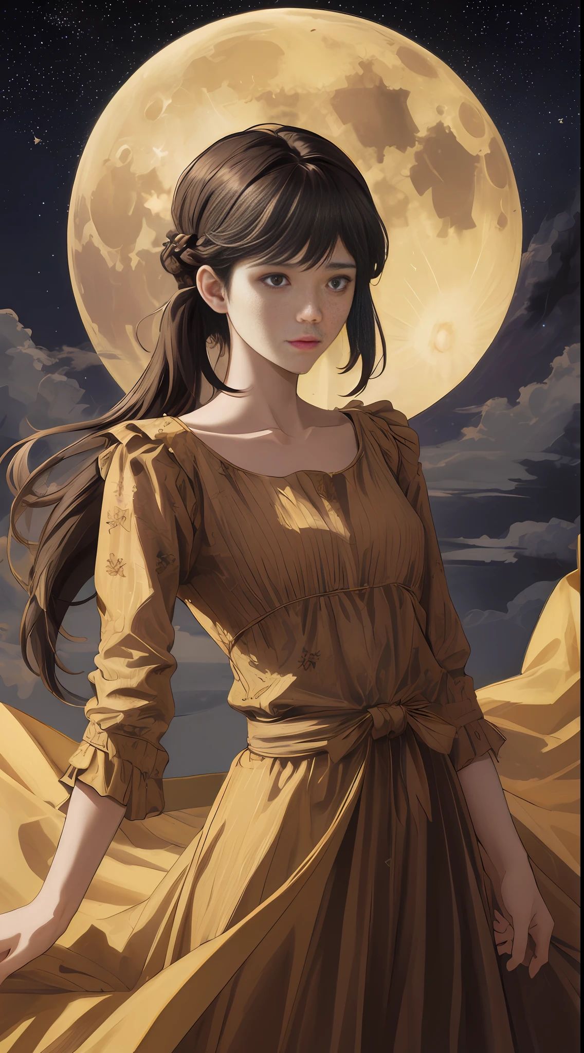 masterpiece, best quality, night, hill, clouds, full moon, long hair, character kobeni,woman, silhouette, fireflies.stars,leafs,
