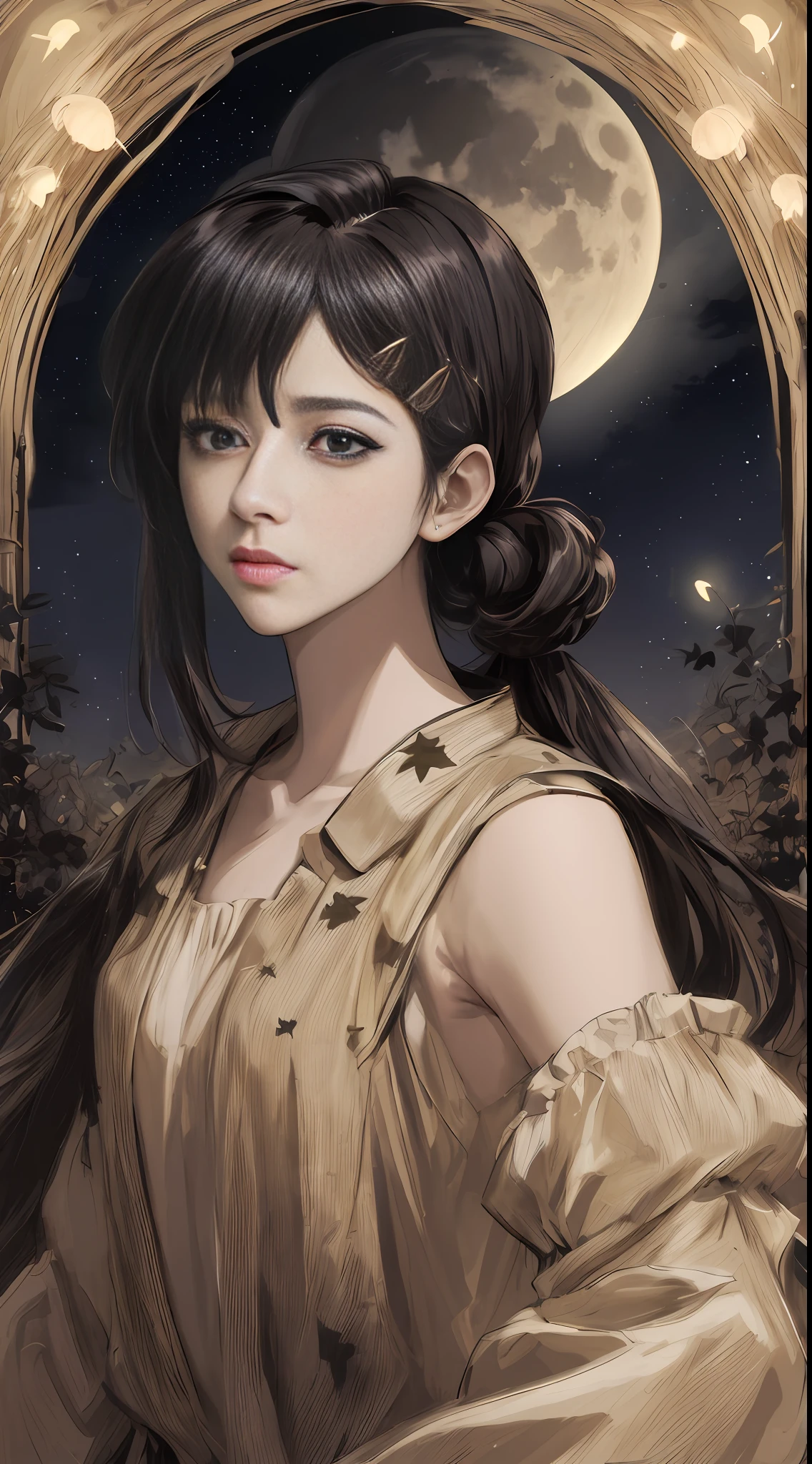 masterpiece, best quality, night, hill, clouds, full moon, long hair, character kobeni,woman, silhouette, fireflies.stars,leafs,