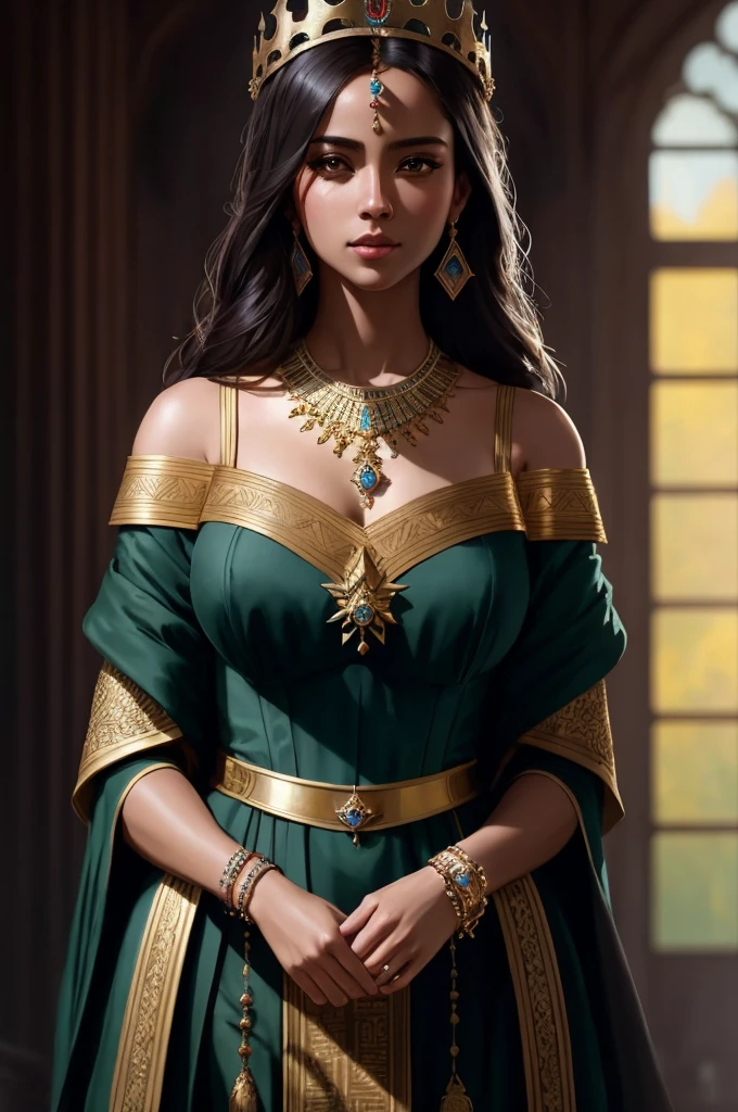 modelshoot style, (extremely detailed CG unity 8k wallpaper), full shot body photo of the most beautiful artwork in the world, medieval queen, red vale, dark skin, black woman, golden crown, diamonds, medieval architecture, professional majestic oil painting by Ed Blinkey, Atey Ghailan, Studio Ghibli, by Jeremy Mann, Greg Manchess, Antonio Moro, trending on ArtStation, trending on CGSociety, Intricate, High Detail, Sharp focus, dramatic, photorealistic painting art by midjourney and greg rutkowski