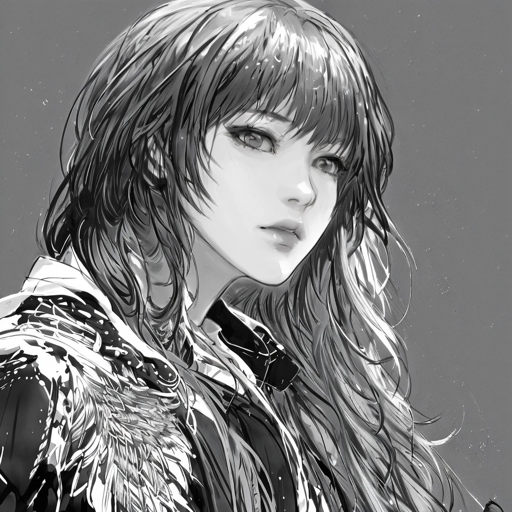 DBfantasyart style, masterpiece, 1girl, a beautiful portrait of a long haired female, manhwa, highly detailed, 8K resolution, black and white suit, cute face, lovely, cute, serious, leather jacket, nature in background
