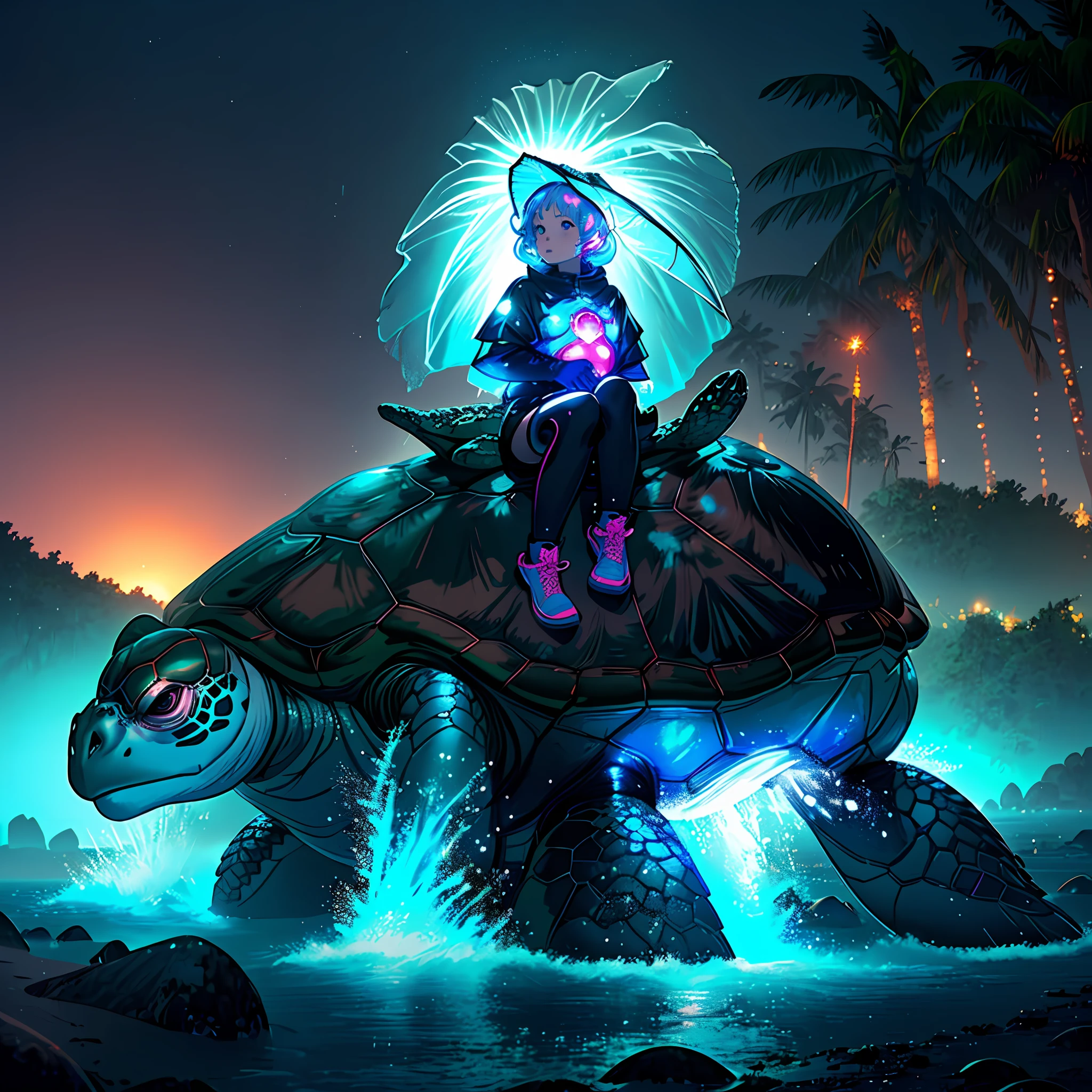 Girl sitting on turtle, pleasure, beach, turtle shell, rainy, night, ultra wide angle, artic background, waterfall, seapunk outfit, dreamy glow, soft lighting ,Giant turtle head