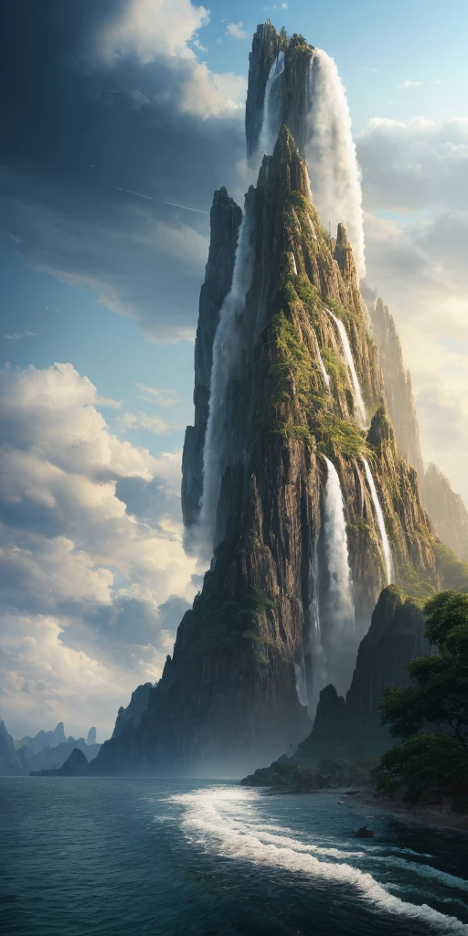masterpiece, best quality, high quality, extremely detailed CG unity 8k wallpaper, scenery, outdoors, sky, cloud, day, no humans, mountain, landscape, water, tree, blue sky, waterfall, cliff, nature, lake, river, cloudy sky,award winning photography, Bokeh, Depth of Field, HDR, bloom, Chromatic Aberration ,Photorealistic,extremely detailed, trending on artstation, trending on CGsociety, Intricate, High Detail, dramatic, art by midjourney