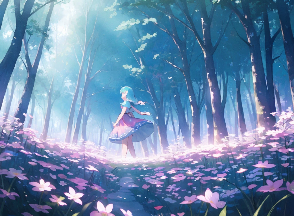 raw photo of a shy princess, magical forest, short flowery skirt, fairytale