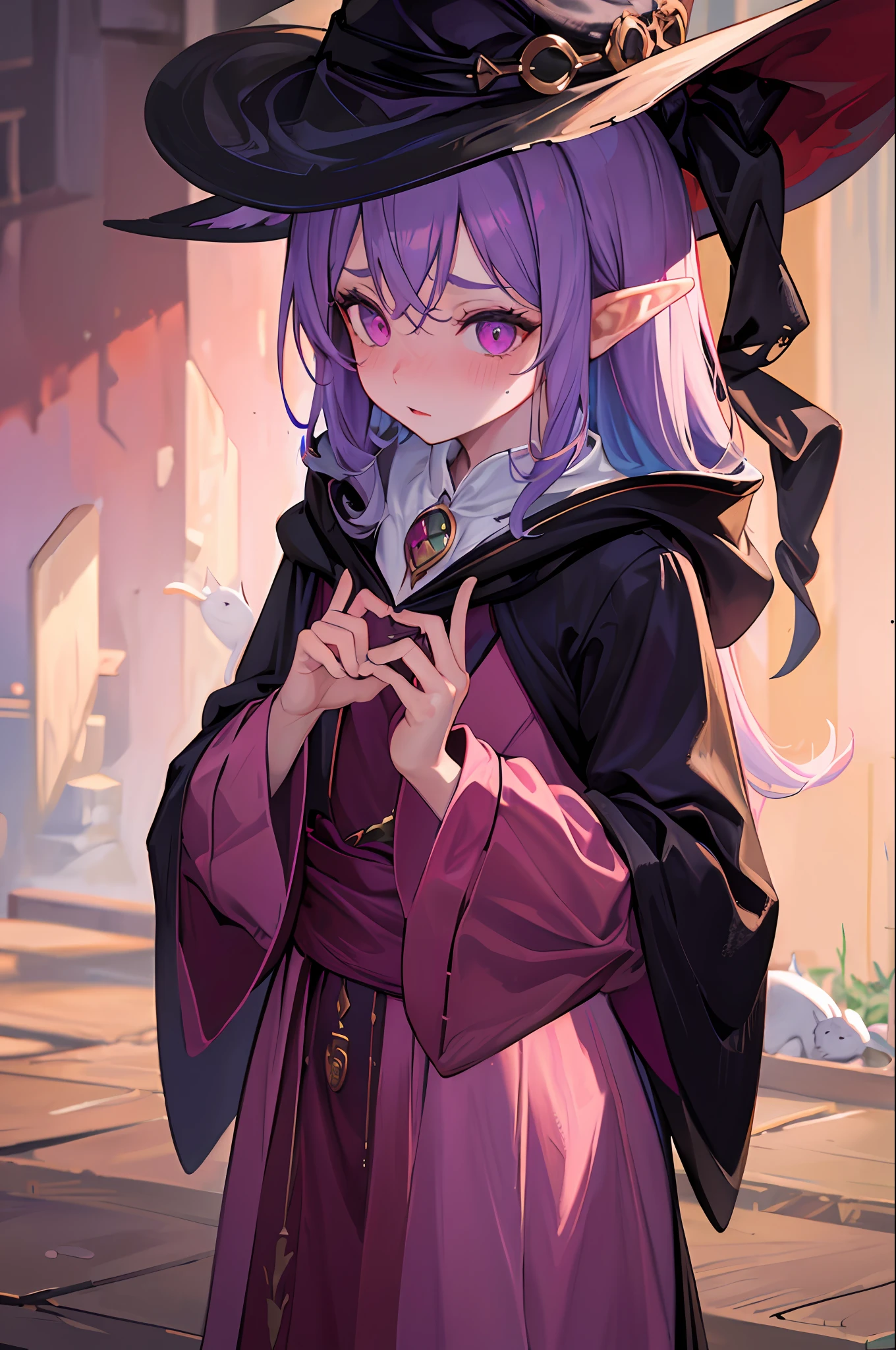 (best quality, masterpiece, highres) 1girl, (wizard robe, witch hat,long sleeves),cute, small chest, magenta, warm background, elf ears, embarrassed look, cat companion