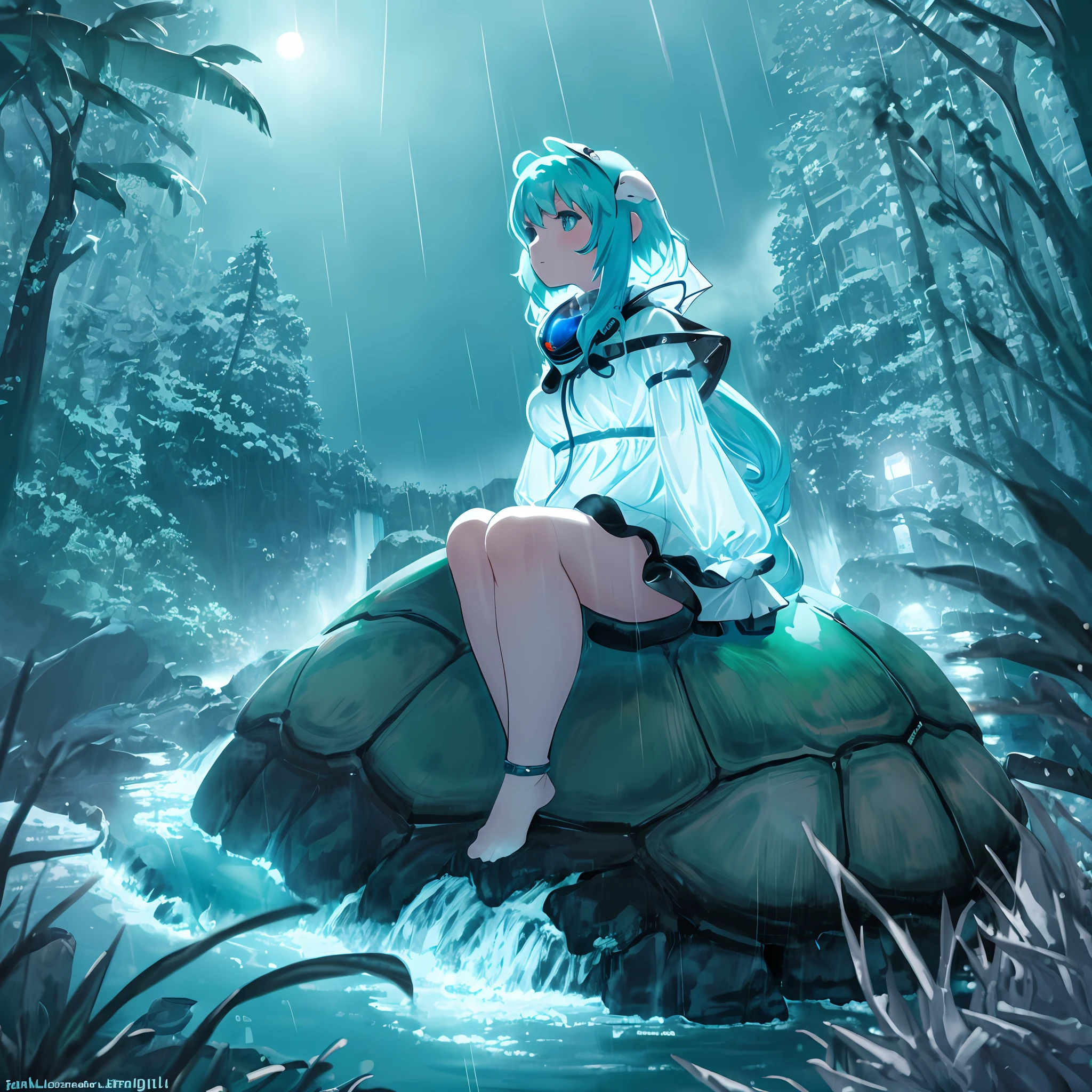 Girl sitting on turtle, pleasure, beach, turtle shell, rainy, night, ultra wide angle, artic background, waterfall, seapunk outfit, dreamy glow, soft lighting ,Giant turtle head