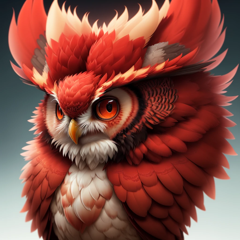 overdetailed portrait of a chibi fluffy red fire owl; Michael Kaluta, Aleksandr Kuskov, Christophe Heughe, Adobe After Effects, Post-Production, SFX, detailed, intricate, maximalist, elegant, realistic, super detailed, serene, 16k resolution, 3ds max, vray
