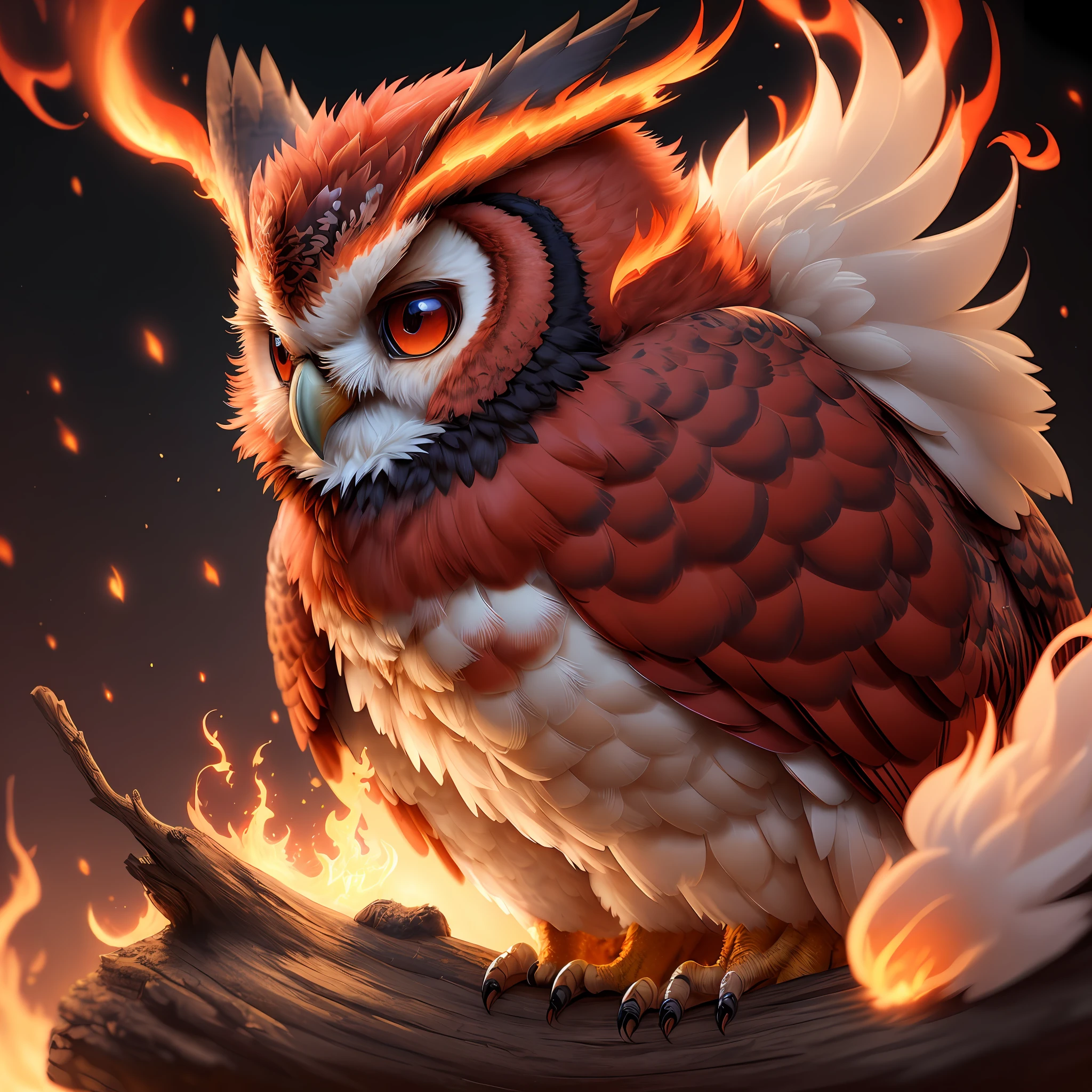 overdetailed portrait of a chibi fluffy red fire owl; Michael Kaluta, Aleksandr Kuskov, Christophe Heughe, Adobe After Effects, Post-Production, SFX, detailed, intricate, maximalist, elegant, realistic, super detailed, serene, 16k resolution, 3ds max, vray