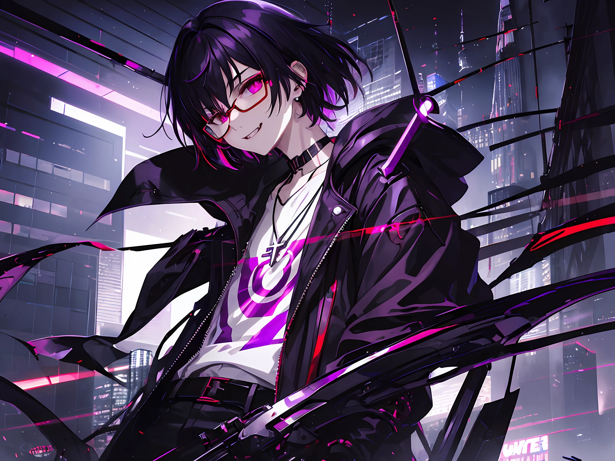 masterpiece, vampire boy,best quality, ultra-detailed, illustration, close-up, straight on, face focus, solo,, short hair, city, sunlight,(Soft glow:1.1),light smile,8k, best quality, ultra high res, vampire male, high quality,cyberpunk style, male,wearing round glasses, sci-fi, anime vampire boy, ((white purple Black mixed hair)), half red half purple eyes, wearing round glasses, silver cross necklace, black rings, fangs, smile, wearing a big cybercoatwith different lighting in it , long big cybernetic scythe, outside, cyberpunk city, red black purple lighting