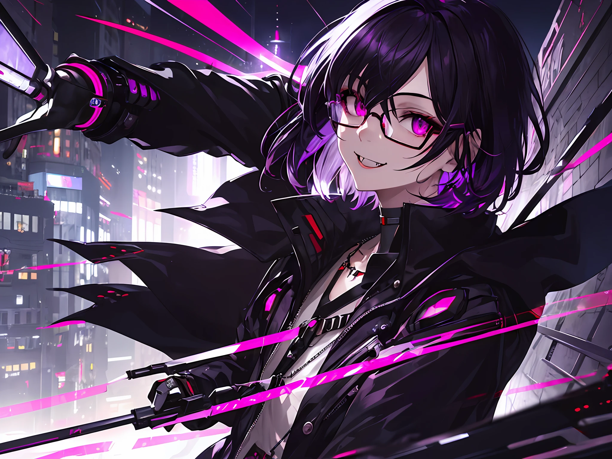 masterpiece, vampire boy,best quality, ultra-detailed, illustration, close-up, straight on, face focus, solo,, short hair, city, sunlight,(Soft glow:1.1),light smile,8k, best quality, ultra high res, vampire male, high quality,cyberpunk style, male,wearing round glasses, sci-fi, anime vampire boy, ((white purple Black mixed hair)), half red half purple eyes, wearing round glasses, silver cross necklace, black rings, fangs, smile, wearing a big cybercoatwith different lighting in it , long big cybernetic scythe, outside, cyberpunk city, red black purple lighting