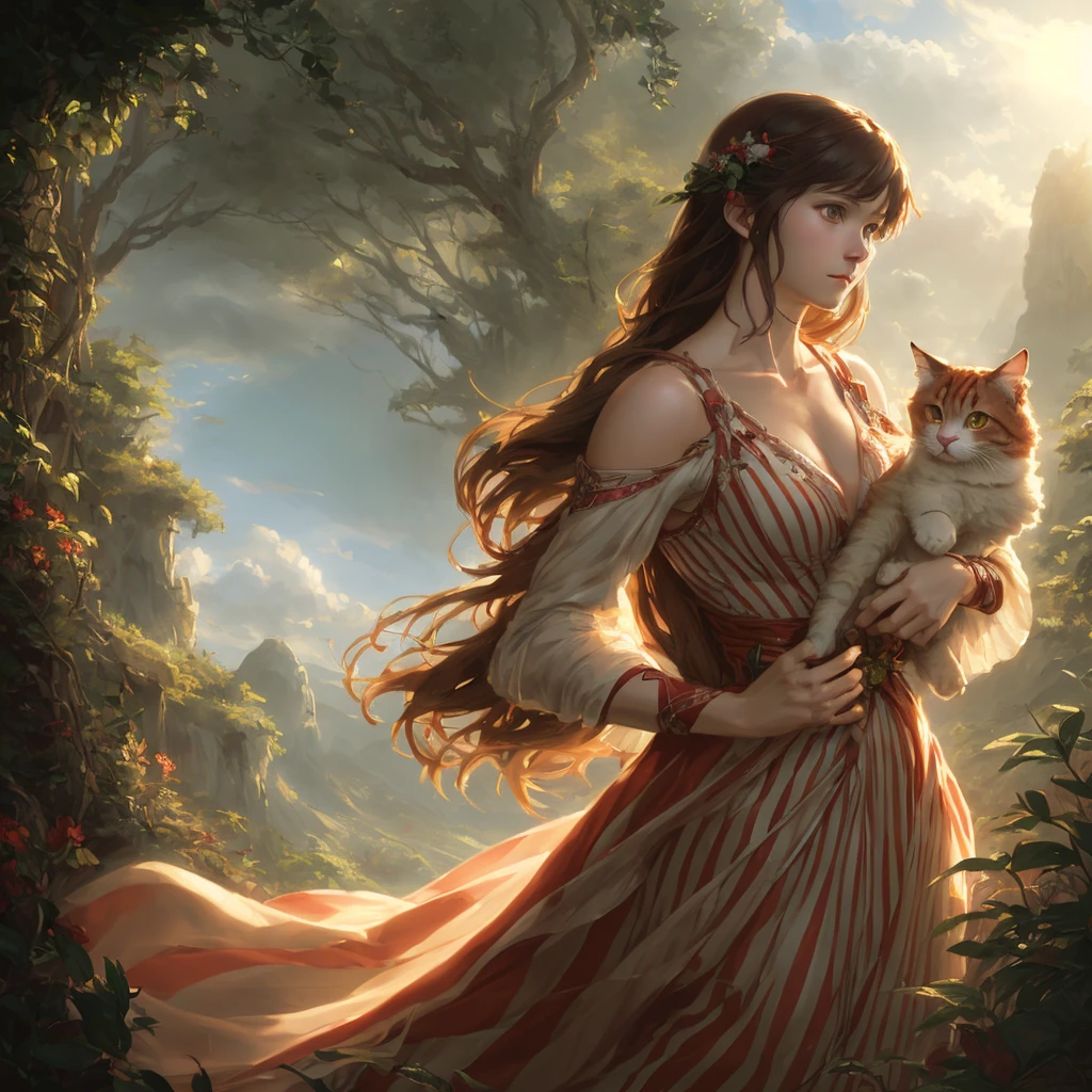 Big red fluffy cat cuddles woman with long red stripes, perfect anatomy, perfect eyes, perfect face, high detail, high definition drawing, high resolution, HD, 16k, well-drawn, fine detail, sunlight, beautiful landscape, fantasy landscape, matte painting, complex details, high detail, high fidelity, ray traced reflections, intricate complexity, photorealistic, Makoto Shinkai Peter Kemp Mucha print, soft natural volume cinematic flawless light, light shadow, cinematic wallpaper, super detailing, photorealism