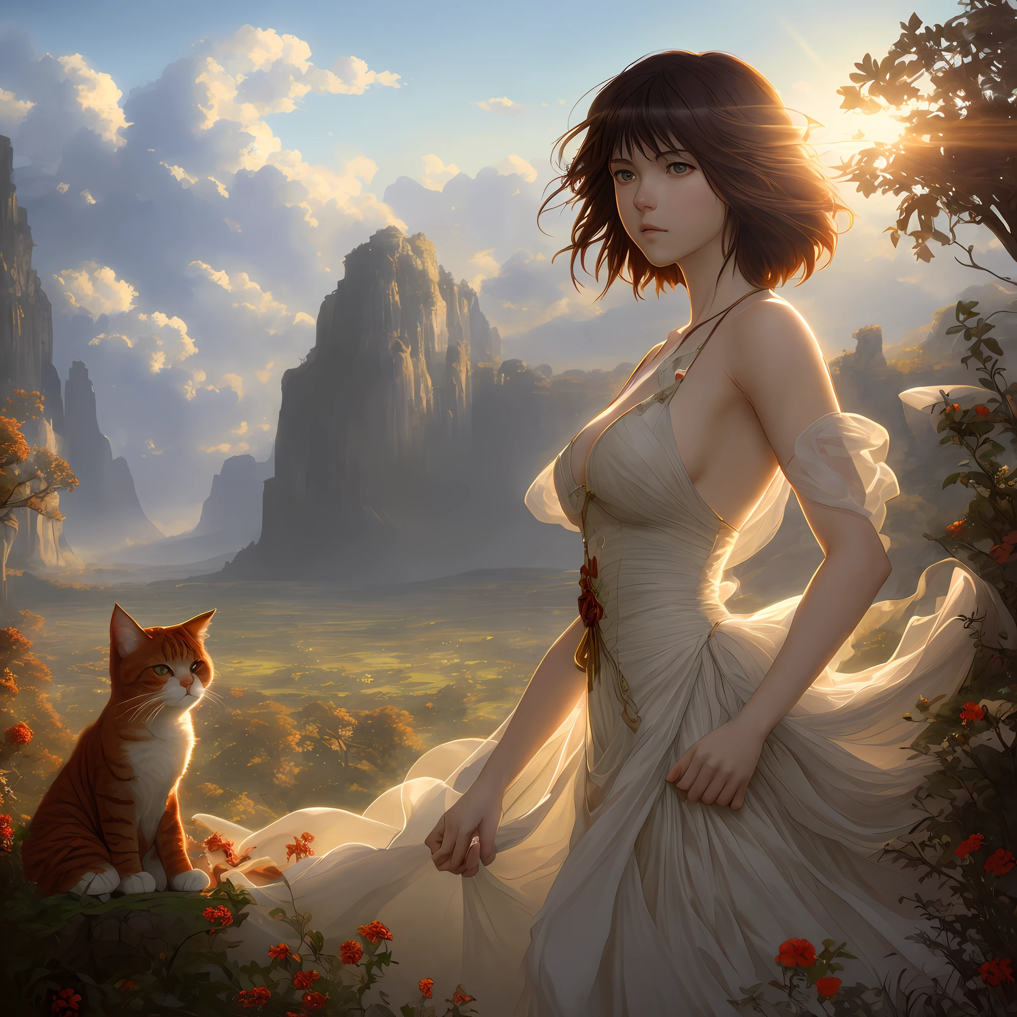 Big red fluffy cat cuddles woman with long red stripes, perfect anatomy, perfect eyes, perfect face, high detail, high definition drawing, high resolution, HD, 16k, well-drawn, fine detail, sunlight, beautiful landscape, fantasy landscape, matte painting, complex details, high detail, high fidelity, ray traced reflections, intricate complexity, photorealistic, Makoto Shinkai Peter Kemp Mucha print, soft natural volume cinematic flawless light, light shadow, cinematic wallpaper, super detailing, photorealism