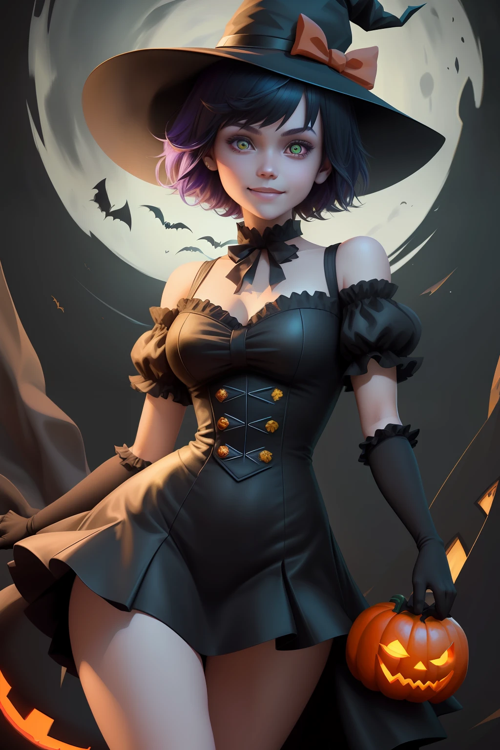 The personification of the Halloween holiday in the form of a cute girl with short hair and a villain's smile, (((cute girl)))cute hats, cute cheeks, unreal engine, highly detailed, artgerm digital illustration, woo tooth, studio ghibli, deviantart, sharp focus, artstation, by Alexei Vinogradov bakery, sweets, emerald eyes