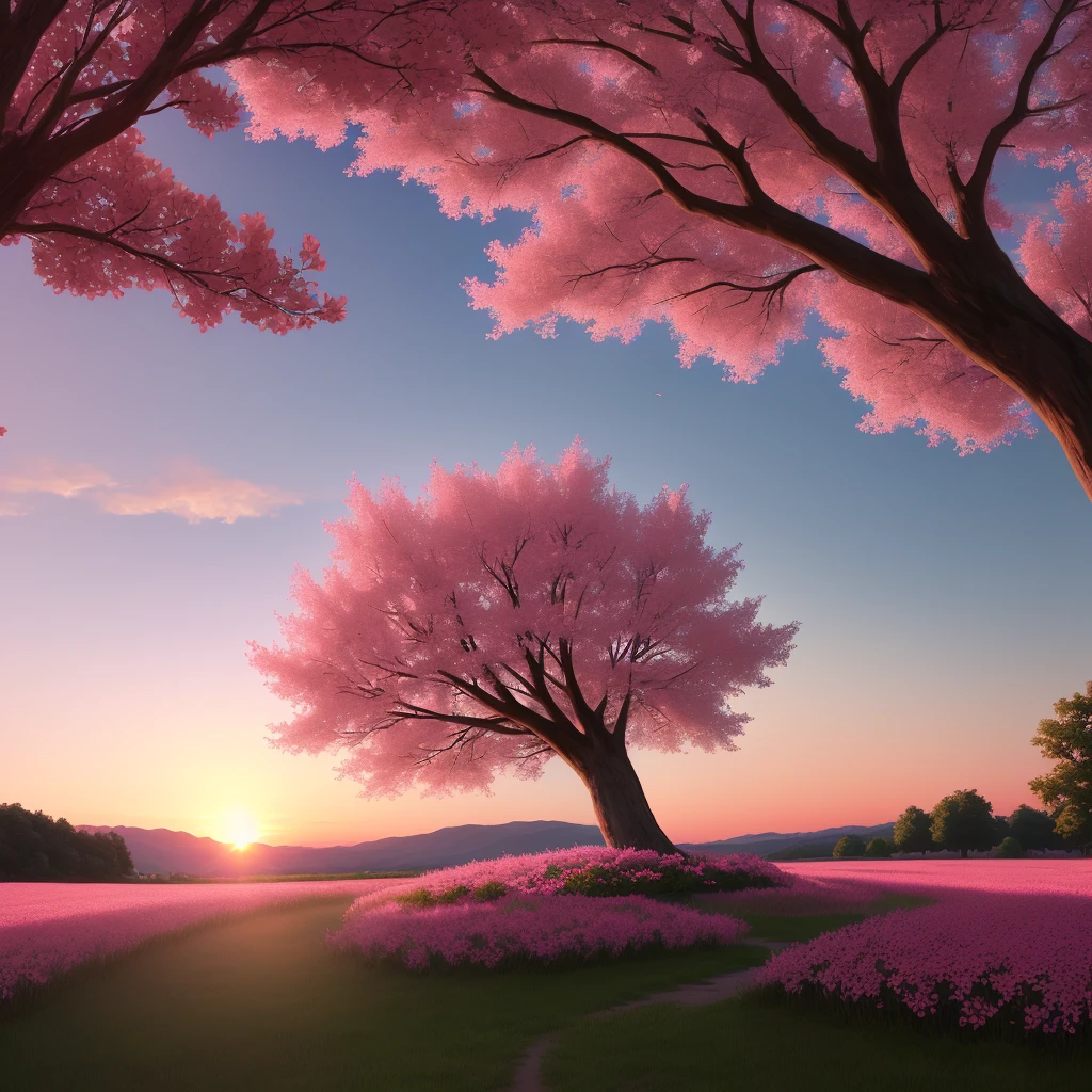 sunset behind a pink tree in summer