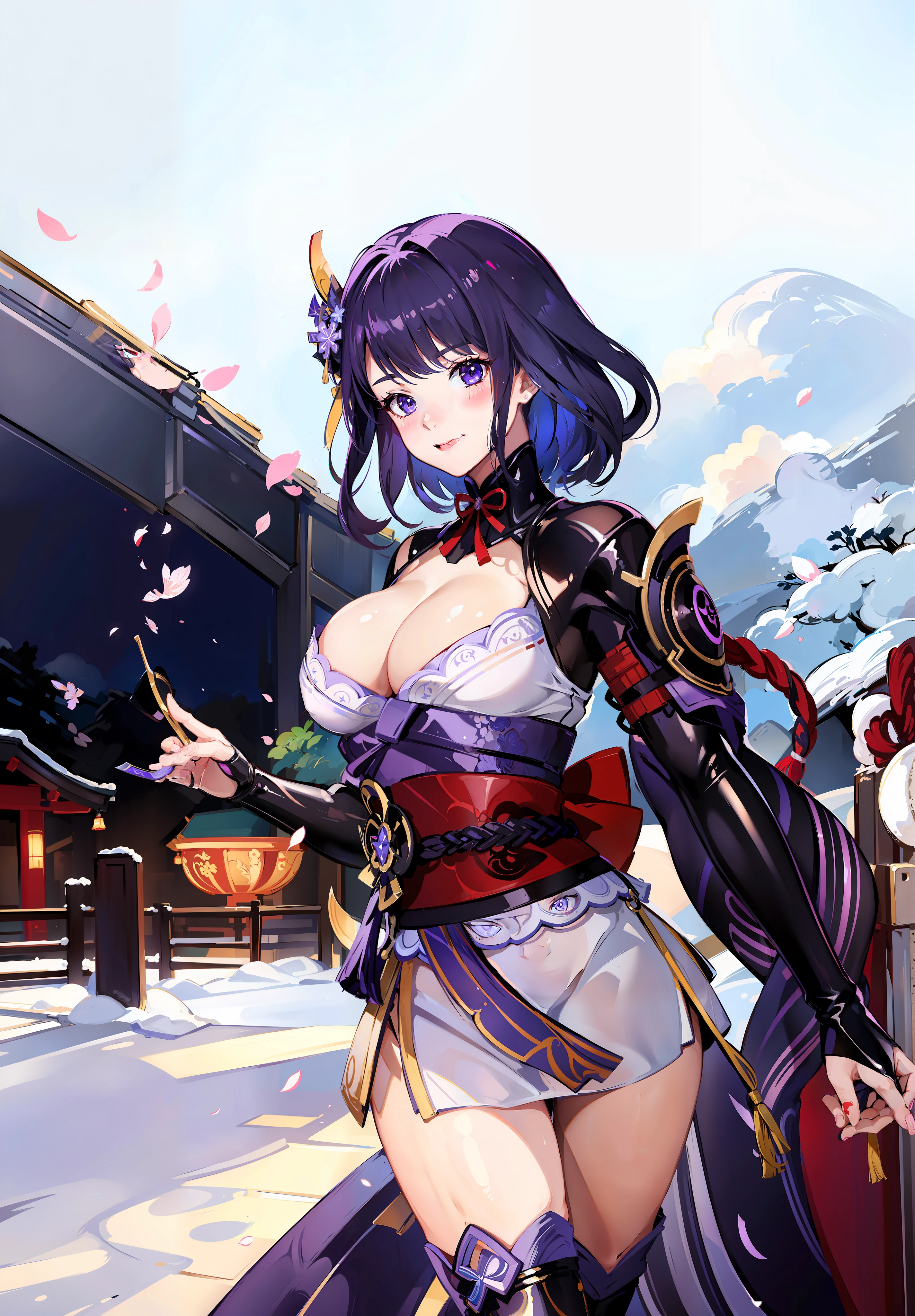 Girl, Raiden Shogun, Korean woman, shoulder exposure, shoulder smooth texture latex, coveted smile, anime feel, evil devil, {black painting}, {teasing smile}, {teasing smile}, high quality, clear picture,