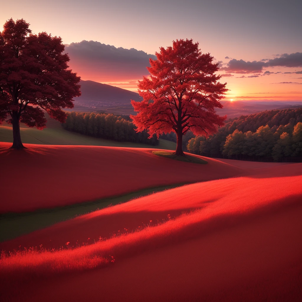 sunset behind a detailed lonely red tree on a hill in summer