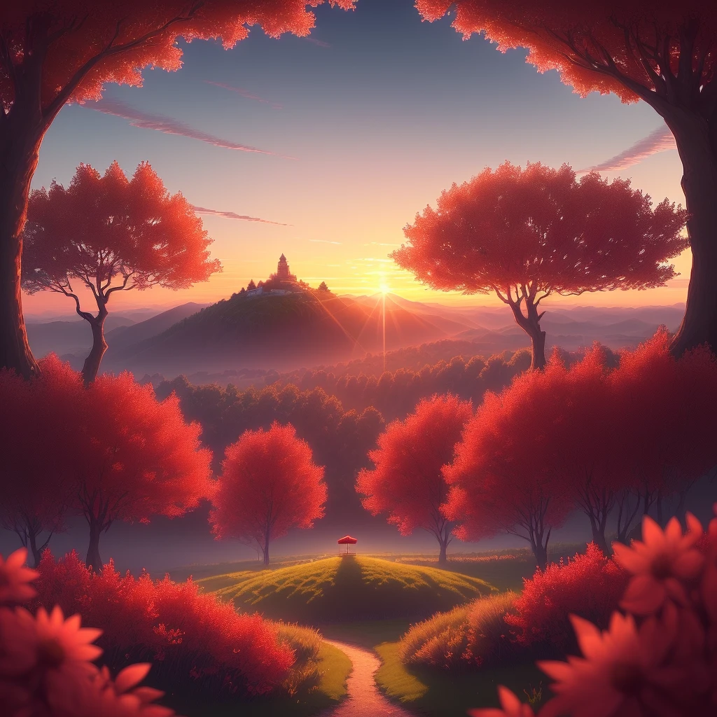 (extremely detailed and delicate CG illustration, masterpiece quality, best resolution),(magical illumination),(the loneliness of the red tree),(dynamic angle),(summer),(the warmth of the sunset),(on a hill),(fantasy atmosphere),(sky reflection),(floating)