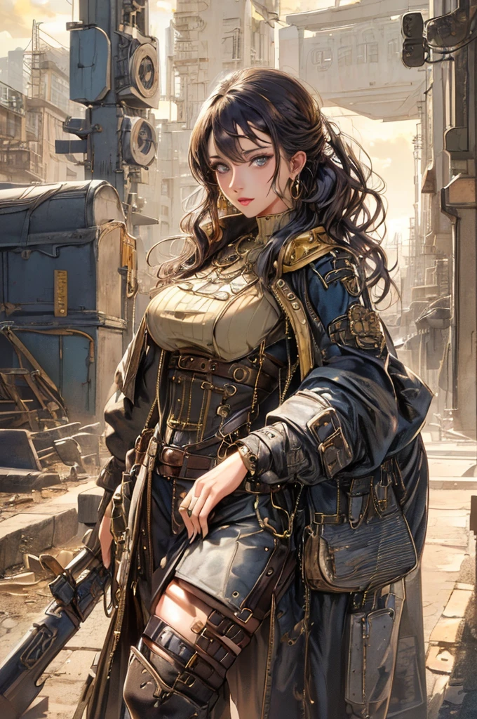 (1girl:1.3), looking at viewer, (steampunk suggestive clothes, Maven, Average Height, Toned, Round Face, Olive Skin, Brunette Hair, Blue Eyes, Wide Nose, Full Lips, Receding Chin, Long Hair, Straight Hair, Wavy Updo, soft sagging breasts, Threader earrings, golden, matte lipstick,steampunk metropolis),(masterpiece, best quality, detailed shiny skin:1.2), flawless, 8k, RAW, highres,absurdres,