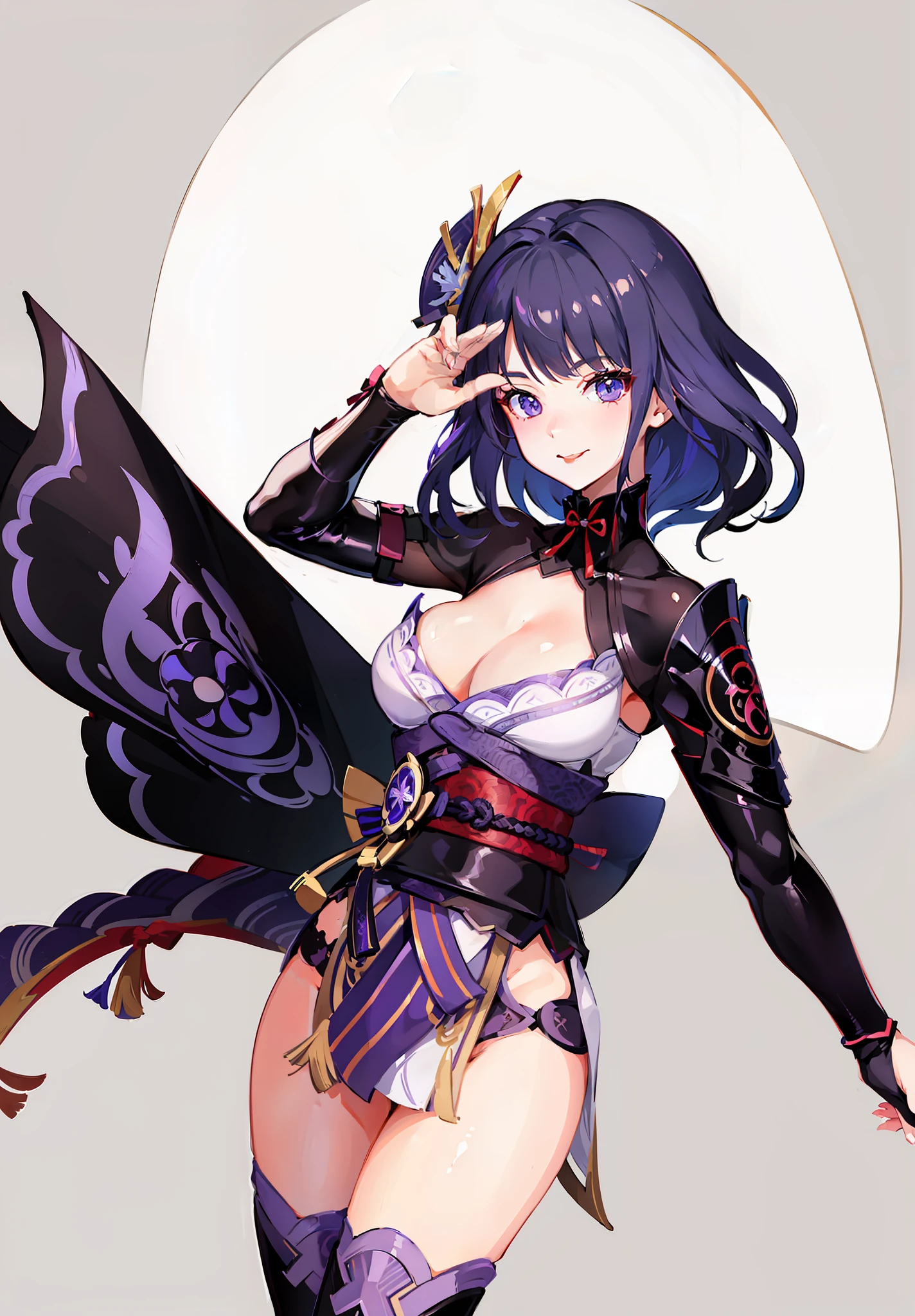 Girl, Raiden Shogun, Korean woman, shoulder exposure, shoulder smooth texture latex, coveted smile, anime feel, evil devil, {black painting}, {teasing smile}, {teasing smile}, high quality, clear picture,
