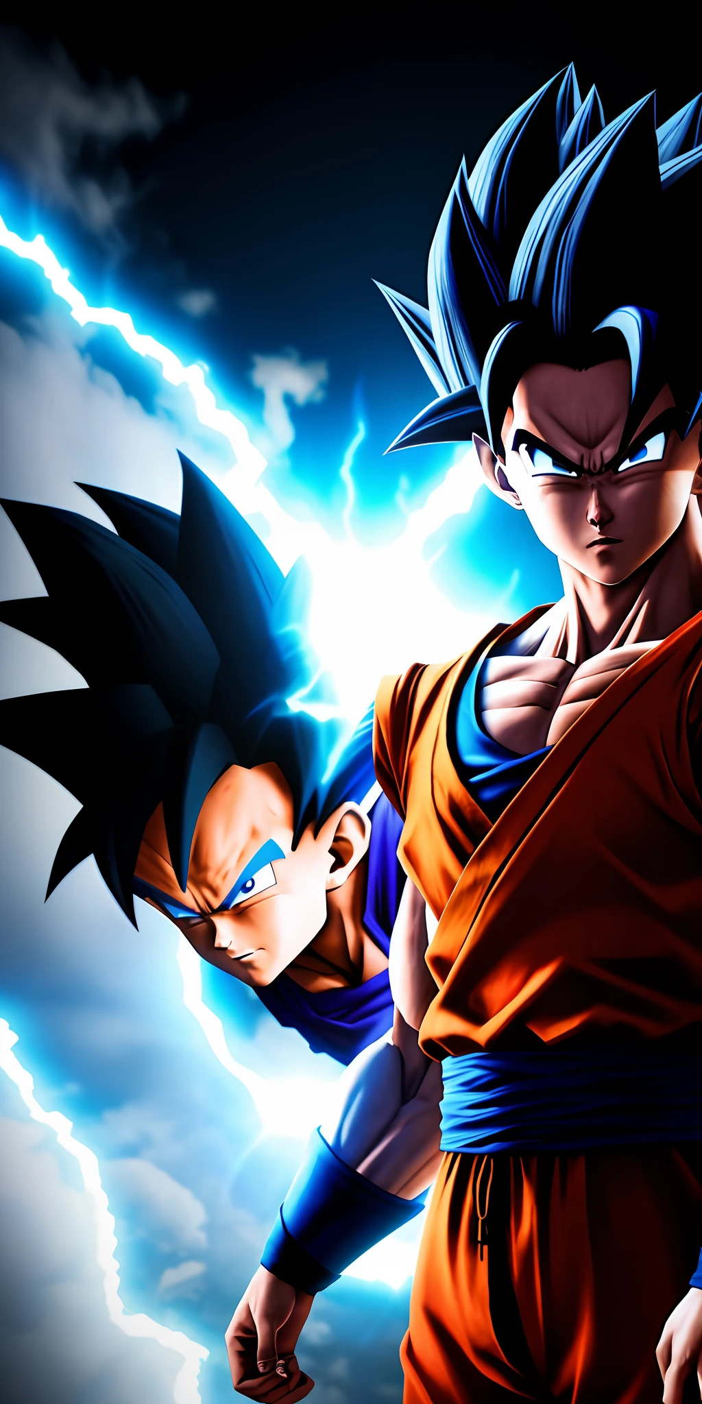 goku and vegeta with light and shadow aspect, ultra 4k realism, human, unreal engine 3d, fog
