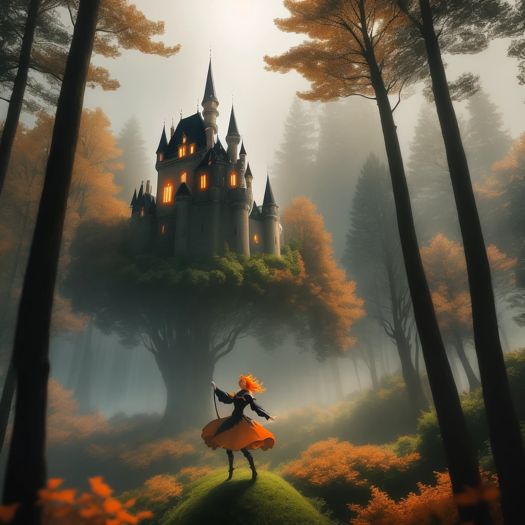[(dynamic pose or flying), (witch), floating in mid-air with (orange hair:1.3), surrounded by a dark and magical atmosphere. The scene is set in a mystical forest with volumetric light shining through the trees. (If possible) A castle can be seen in the background.]:0.8