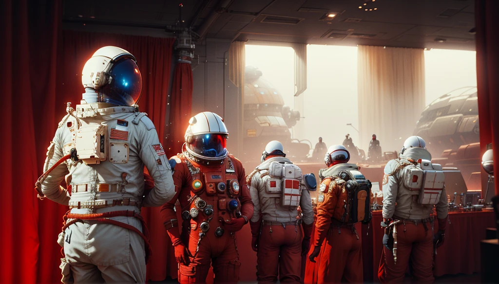 astronauts in red spaces in a large room with red curtains, stefan koidl inspired, wojtek fus, beeple and tim hildebrandt, beeple and mike winkelmann, beeple and jean giraud, dramatic sci-fi movie still,