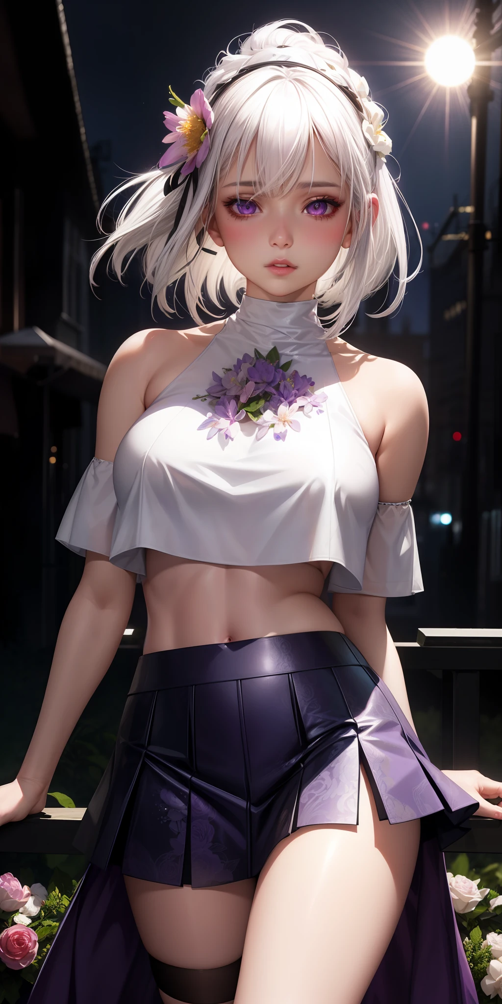 realistic, 1girl, white hair, purple eyes, glowing eyes, crop top, skirt, parted lips, blush, night, flowers, sun, sunlight,