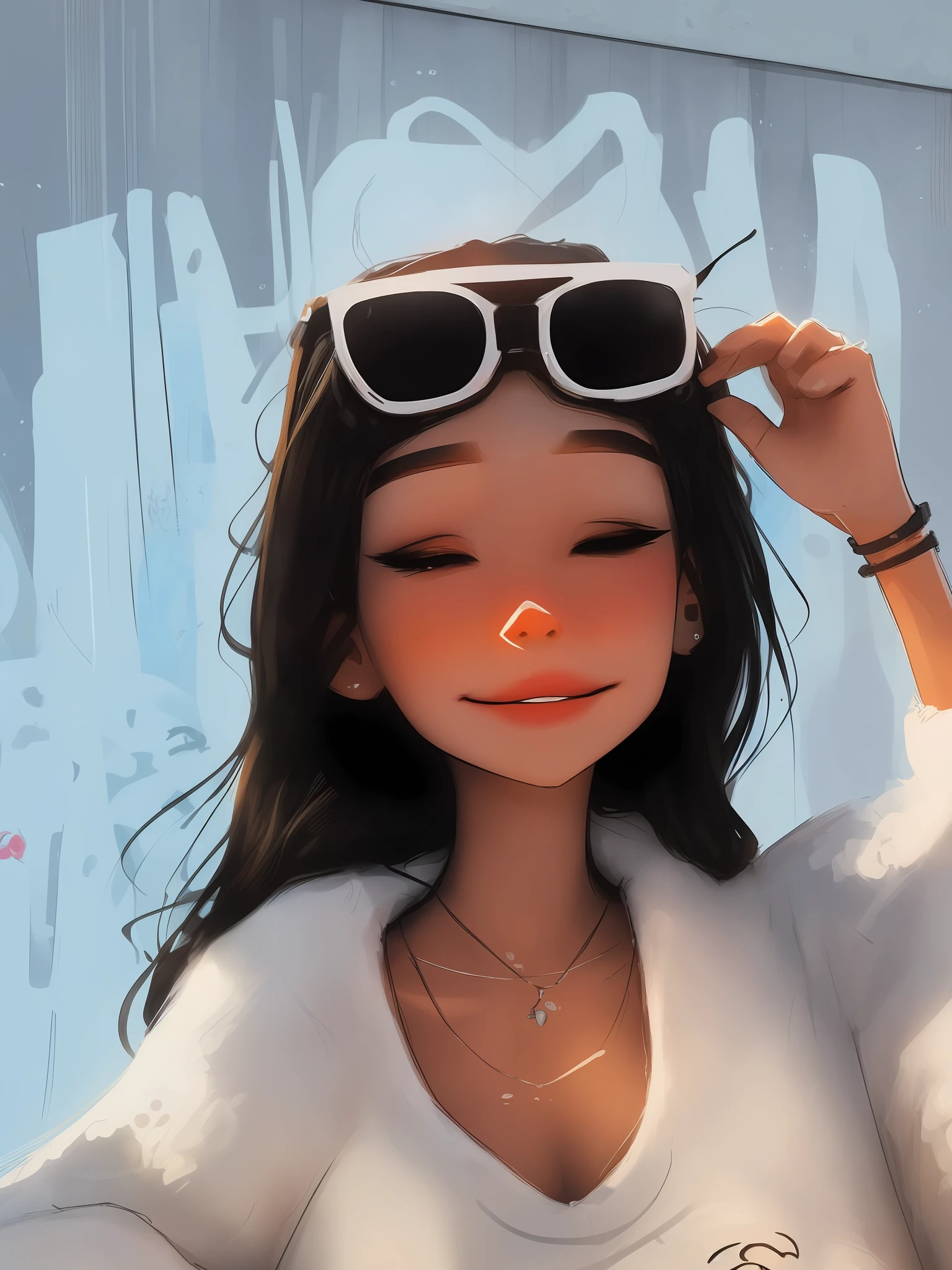 araffe wearing white sweater, sunglasses on forehead, belle delphine, mannequin face, eyes closed, sleepy mannequin face, funny sunglasses, graffiti, JH&#39;s samdoesarts, masterpiece, 8k, brush strokes, oil painting
