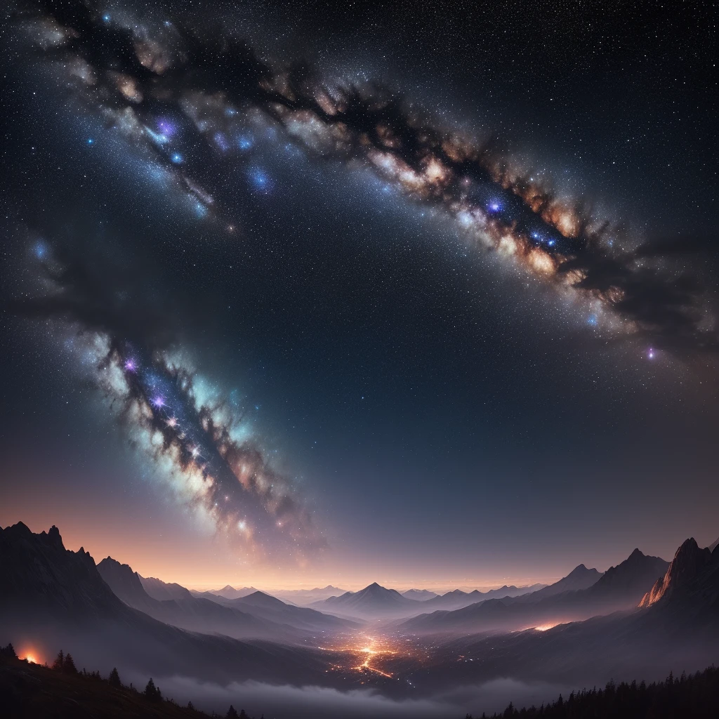 Best quality, ultra-detailed, masterpiece, a breathtaking scene of the night sky, dark yet alluring, the stars shining ever so brightly with the Milky Way swirling gracefully in the background, a mystical glow emanating from a distant nebula, creating a captivating and dreamy atmosphere.
