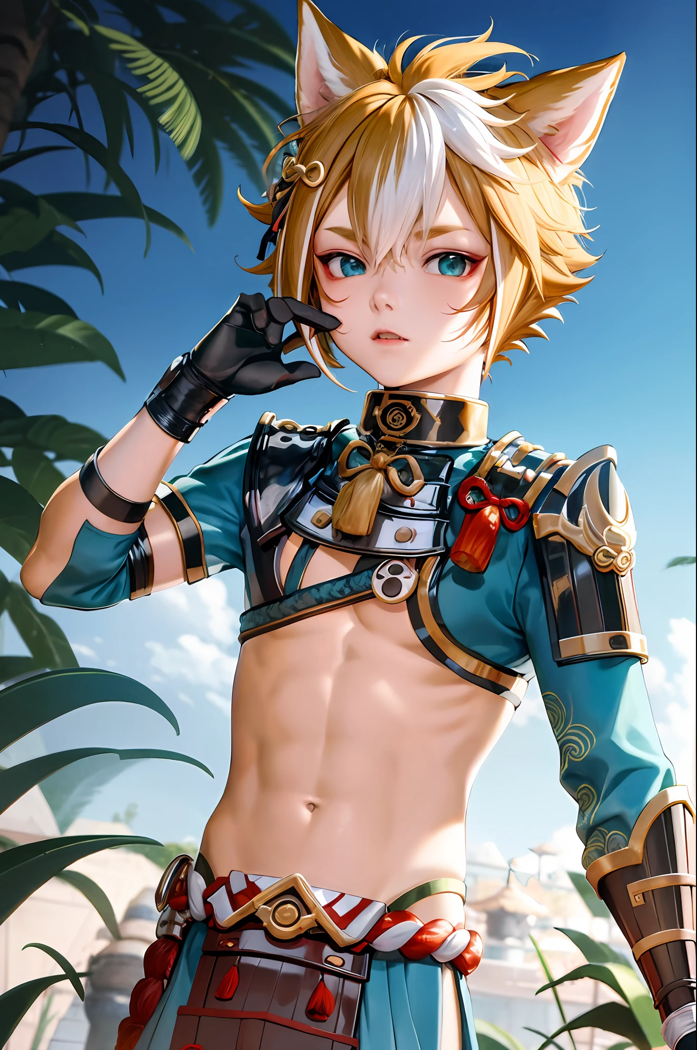 gorou (genshin impact),little boy, 1boy, male focus, animal ears, solo, multicolored hair, brown hair, dog boy, white hair, tassel, dog ears, armor, upper body, streaked hair, bangs,NSFW,small