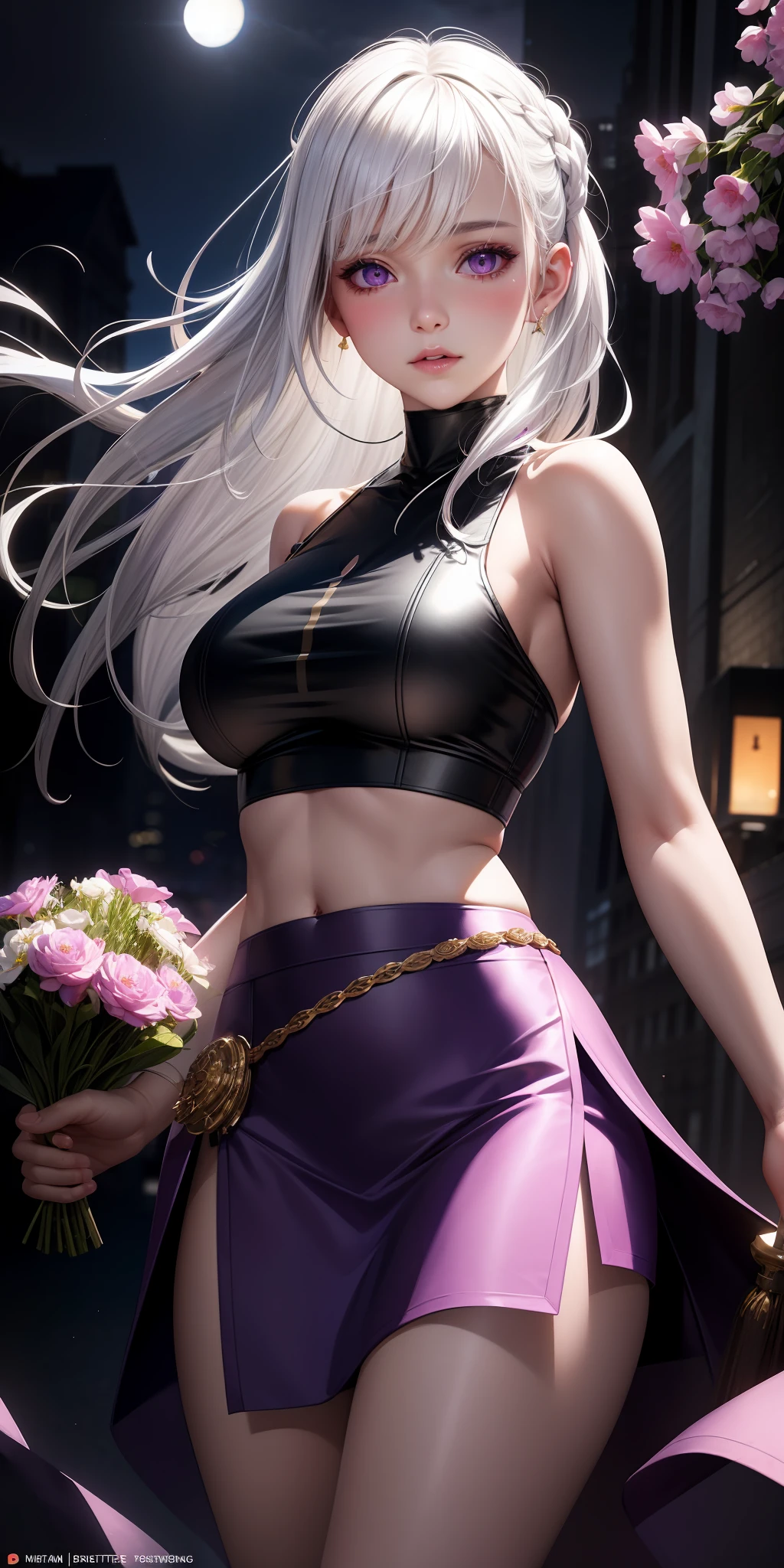 realistic, 1girl, white hair, purple eyes, glowing eyes, crop top, skirt, parted lips, blush, night, flowers, sun, sunlight,
