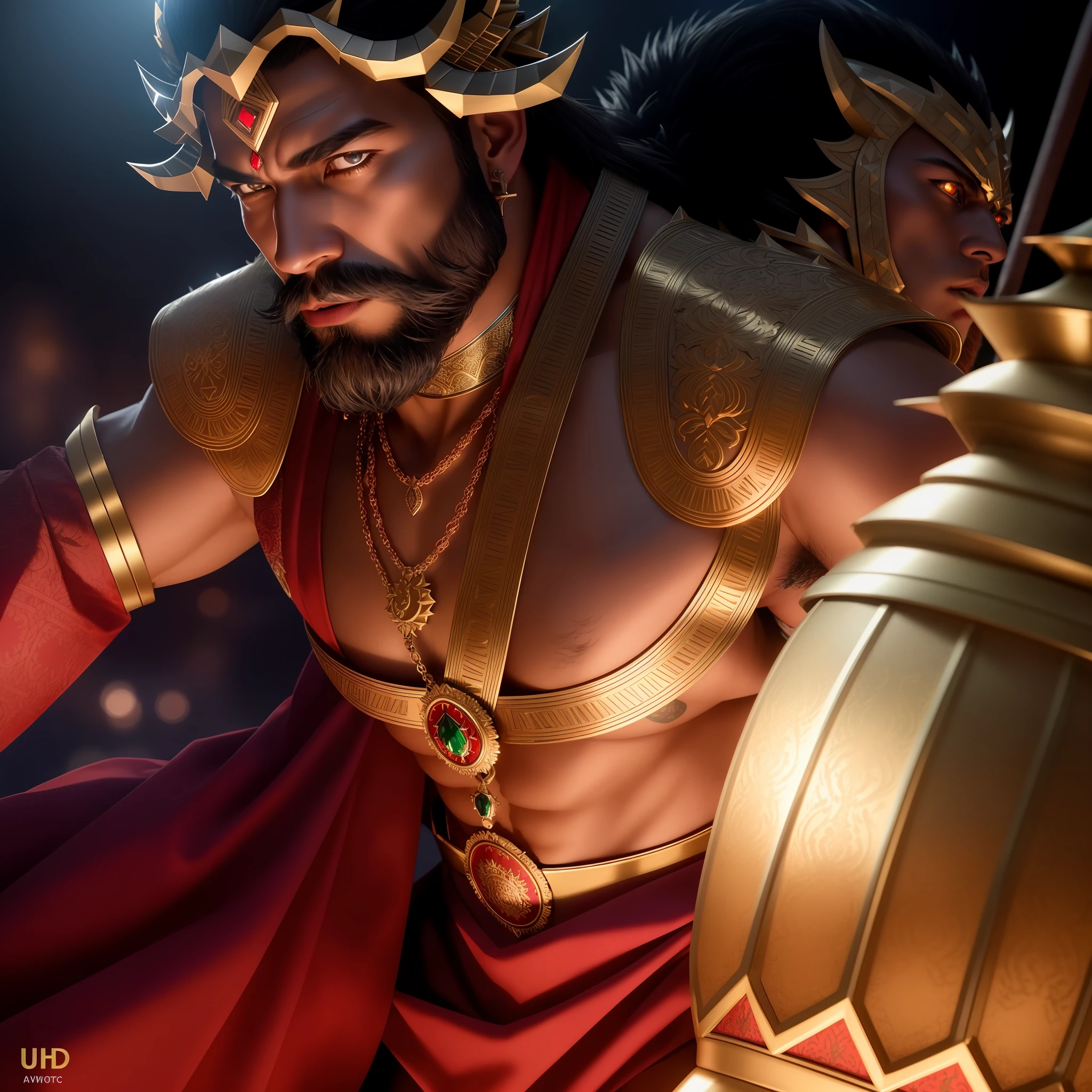 8k rendered digital illustration of a fierce-looking Demon King warrior Ravana possessing extremely powerful demonic weapons, wearing an Indian red-green Kings attire with golden jewellery and black gold armour in a dark universe, a mild burning hellish environment giving the scene a dark atmosphere but sculpting the forms in sharp chiaroscuro), it is night time, (highly detailed skin), ((black beard)), (highly detailed face), ((black gold armor)), detailed background, dark lighting, twilight lighting, volumetric lighting, intricate details, UHD, extremely detailed masterpiece, intricate details, (Highest quality:1.3), cinematic shot, ((masterpiece)), (sharp focus:1.5), (photorealistic:1.3), muscular body, hairy chest, body builder, (detailed face), detailed background, depth of field, (dark lighting:1.3), dramatic lighting, twilight lighting, volumetric shadows, highly detailed, intricate details, 8k, UHD, HDR, trending on Artstation, Award wining legendary art.