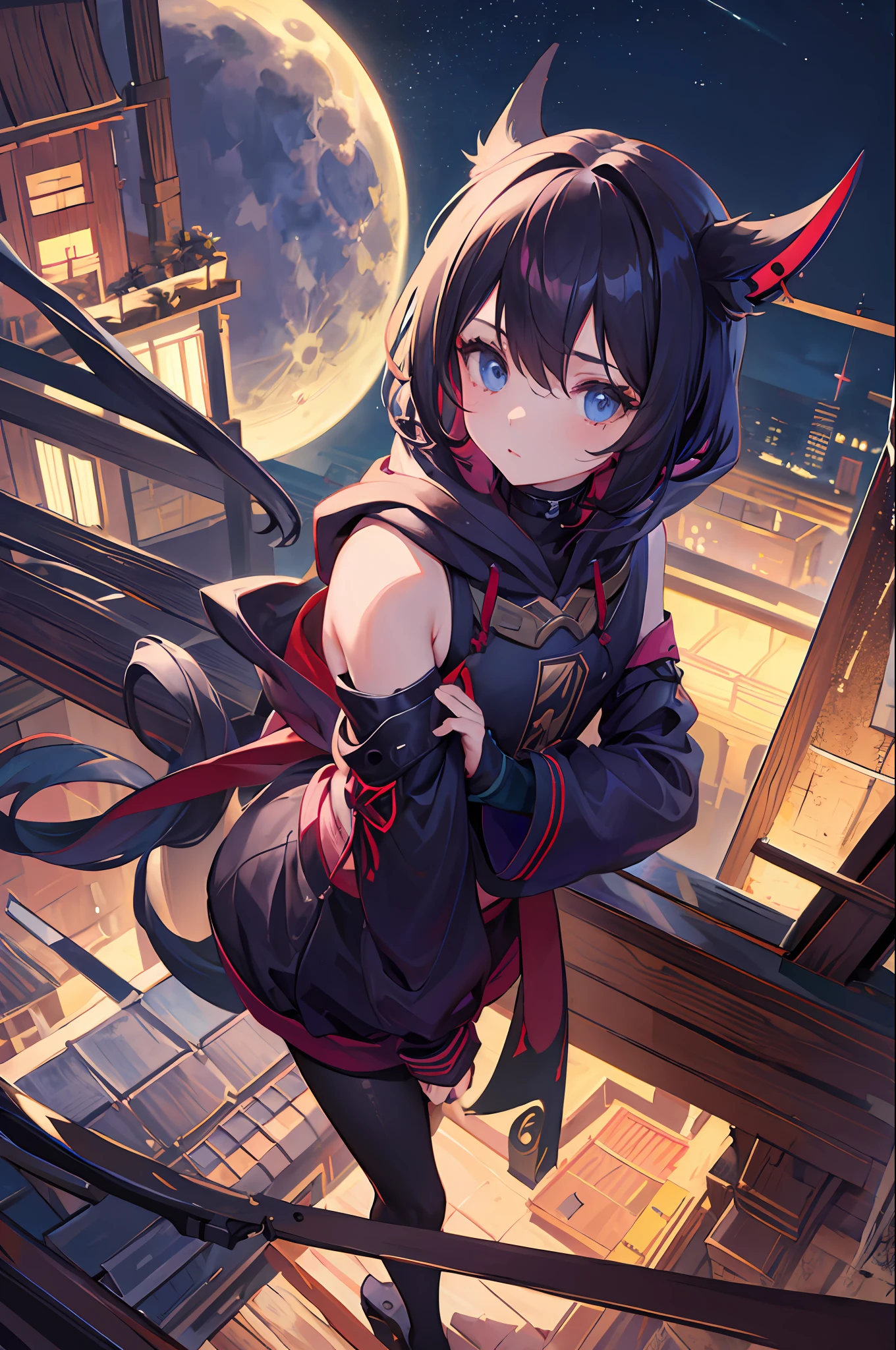 (best quality, masterpiece, highres) 1girl, cute, small chest, ninja, hood, face mask, city in the night, perched ontop of a roof, moon, night sky