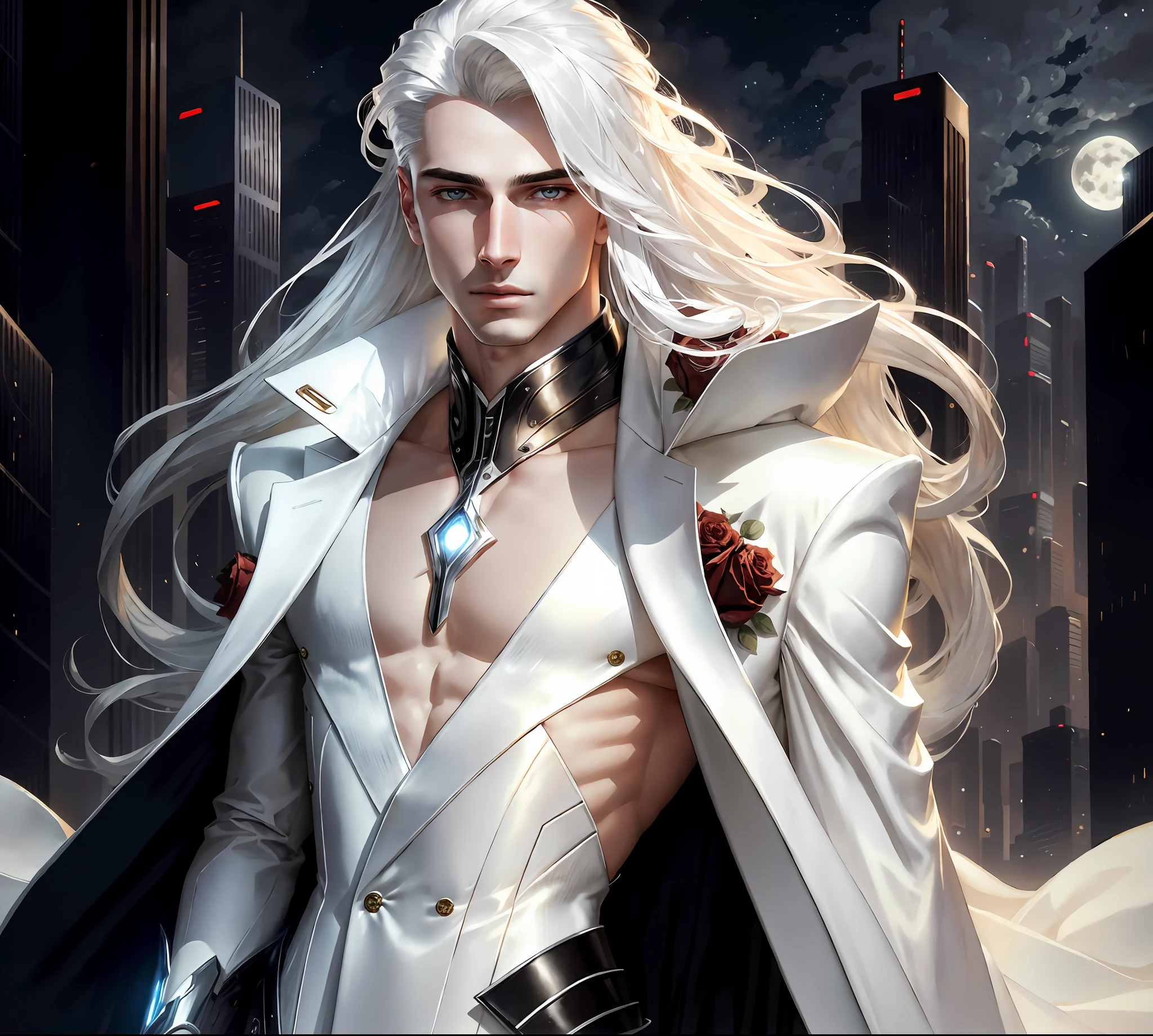 masterpiece, highest quality, (solo focus), (perfect face:1.1), (high detail:1.1),dramatic, 1guy, (pale skin), long white hair, white eyes, [light eyebrows], solo, long hair, moon, night, white luxury suit, covered navel, pouty lips, covered, futuristic city, detailed background, art by artgerm and greg rutkowski,  cinematic lighting, roses, fashion