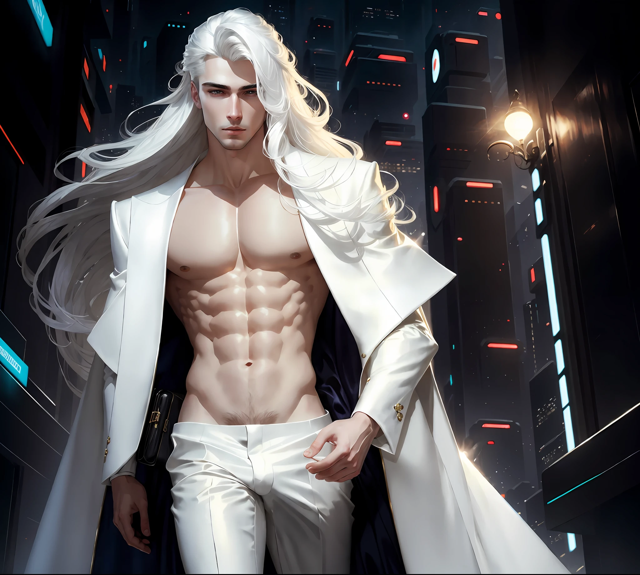 masterpiece, highest quality, (solo focus), (perfect face:1.1), (high detail:1.1),dramatic, 1guy, (pale skin), long white hair, white eyes, [light eyebrows], solo, long hair, moon, night, white luxury suit, covered navel, pouty lips, covered, futuristic city, detailed background, art by artgerm and greg rutkowski,  cinematic lighting, roses, fashion