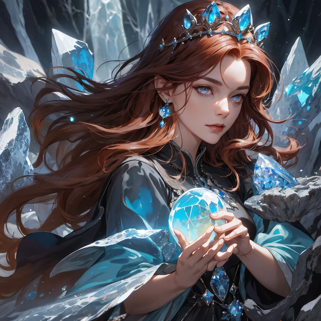 (absurdres, highres, ultra detailed), 1woman, mature female, aged up, wavy long hair, auburn hair, coral eyes, bangs, long sleeves, finely detailed eyes and detailed face, extremely detailed CG unity 8k wallpaper, intricate details, (style-swirlmagic:1.0), looking at viewer, solo, upper body, detailed background, close up, detailed face, (gothic dark ages theme:1.1), crystal sorcerer, dynamic pose, earth themed clothes, crystal crown, floating in the air, glowing magical shards, surrounded by blue magical crystals, rock formations, stalactites, magical floating particles, crystal glass, crystal sphere, crystal canyon background, (shallow water:0.7), epic ethereal atmosphere, updraft,, portrait
