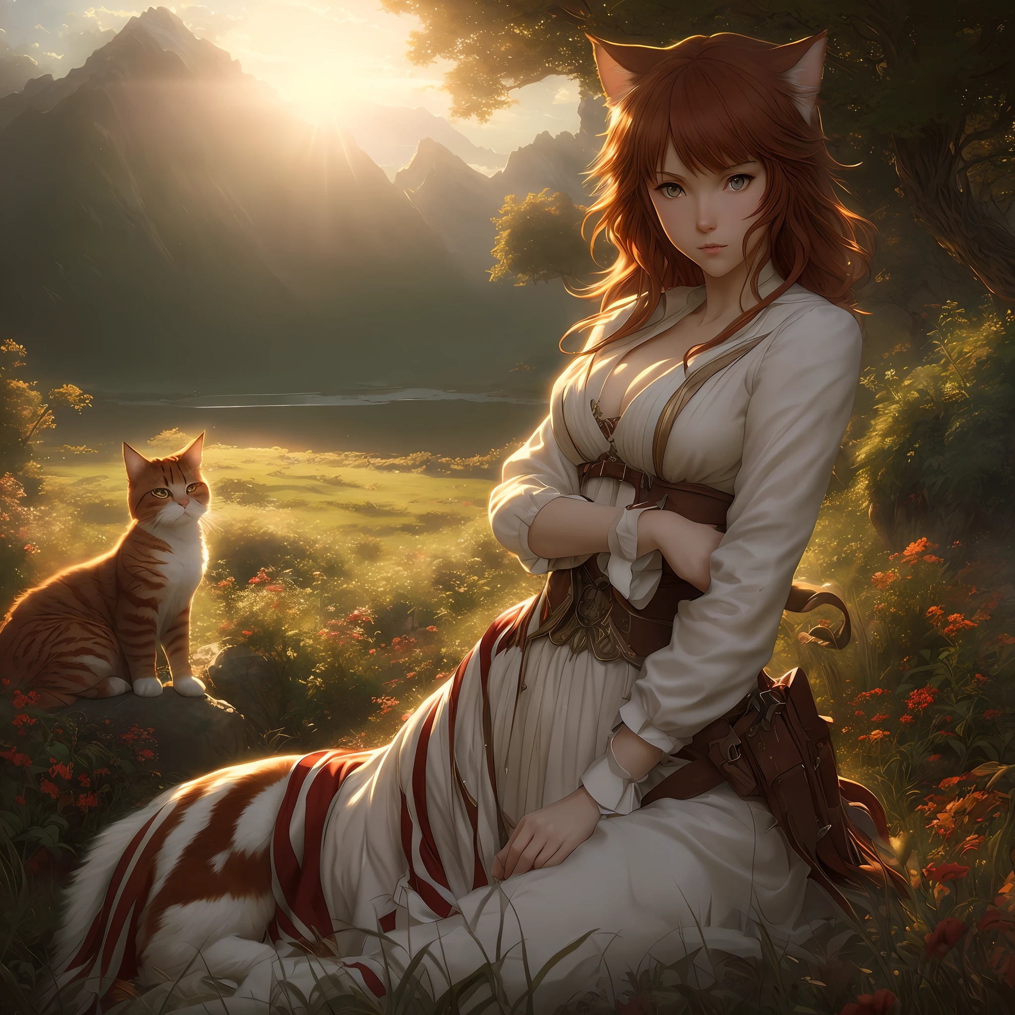 Big red fluffy cat cuddles woman with long red stripes, perfect anatomy, perfect eyes, perfect face, high detail, high definition drawing, high resolution, HD, 16k, well-drawn, fine detail, sunlight, beautiful landscape, fantasy landscape, matte painting, complex details, high detail, high fidelity, ray traced reflections, intricate complexity, photorealistic, Makoto Shinkai Peter Kemp Mucha print, soft natural volume cinematic flawless light, light shadow, cinematic wallpaper, super detailing, photorealism