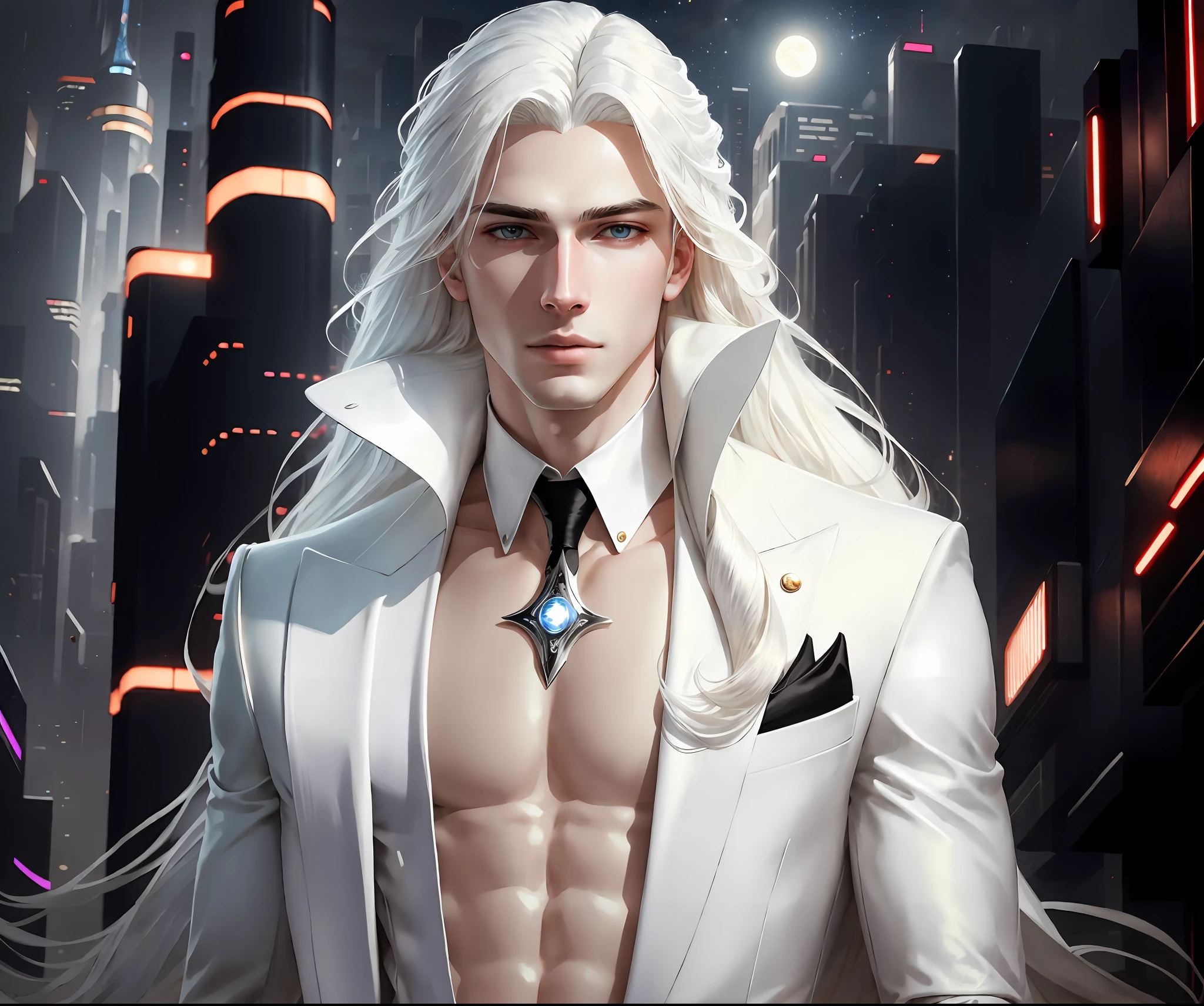 masterpiece, highest quality, (solo focus), (perfect face:1.1), (high detail:1.1),dramatic, 1guy, (pale skin), long white hair, white eyes, [light eyebrows], solo, long hair, moon, night, white luxury suit, covered navel, pouty lips, covered, futuristic city, detailed background, art by artgerm and greg rutkowski,  cinematic lighting, roses, fashion