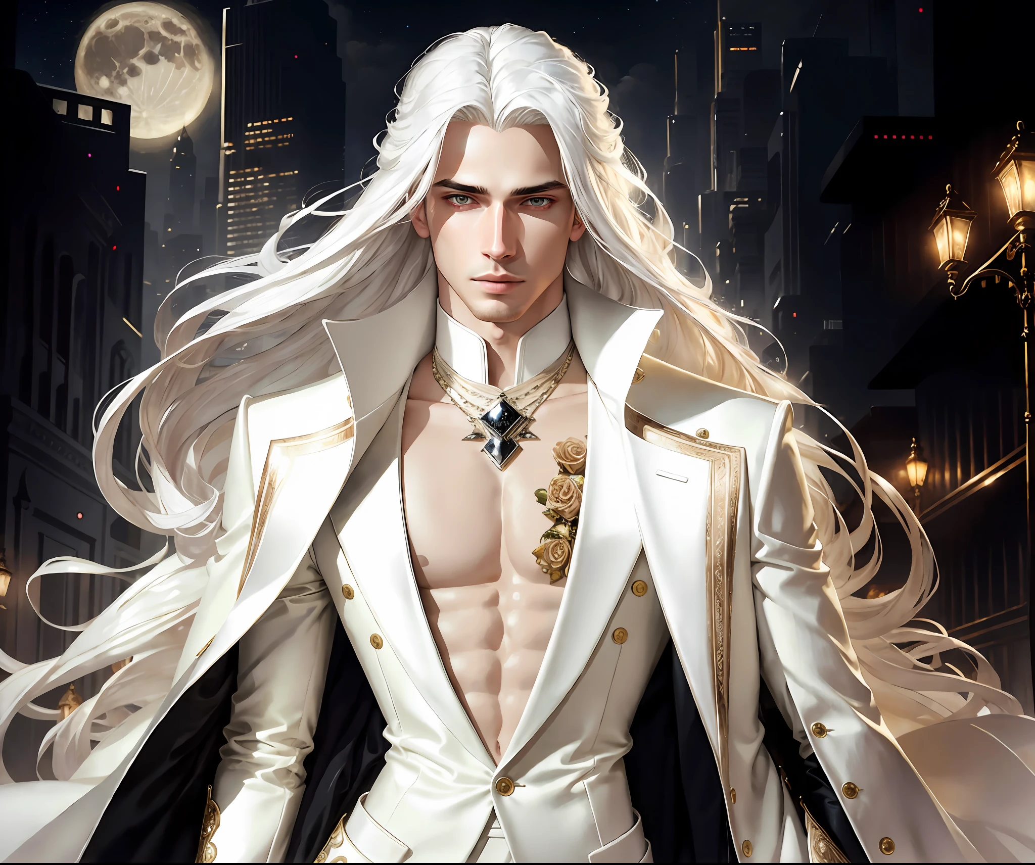 masterpiece, highest quality, (solo focus), (perfect face:1.1), (high detail:1.1),dramatic, 1guy, (pale skin), long white hair, white eyes, [light eyebrows], solo, long hair, moon, night, white luxury suit, covered navel, pouty lips, covered, futuristic city, detailed background, art by artgerm and greg rutkowski,  cinematic lighting, roses, fashion, BalenciagaStyle, Alexander McQueen