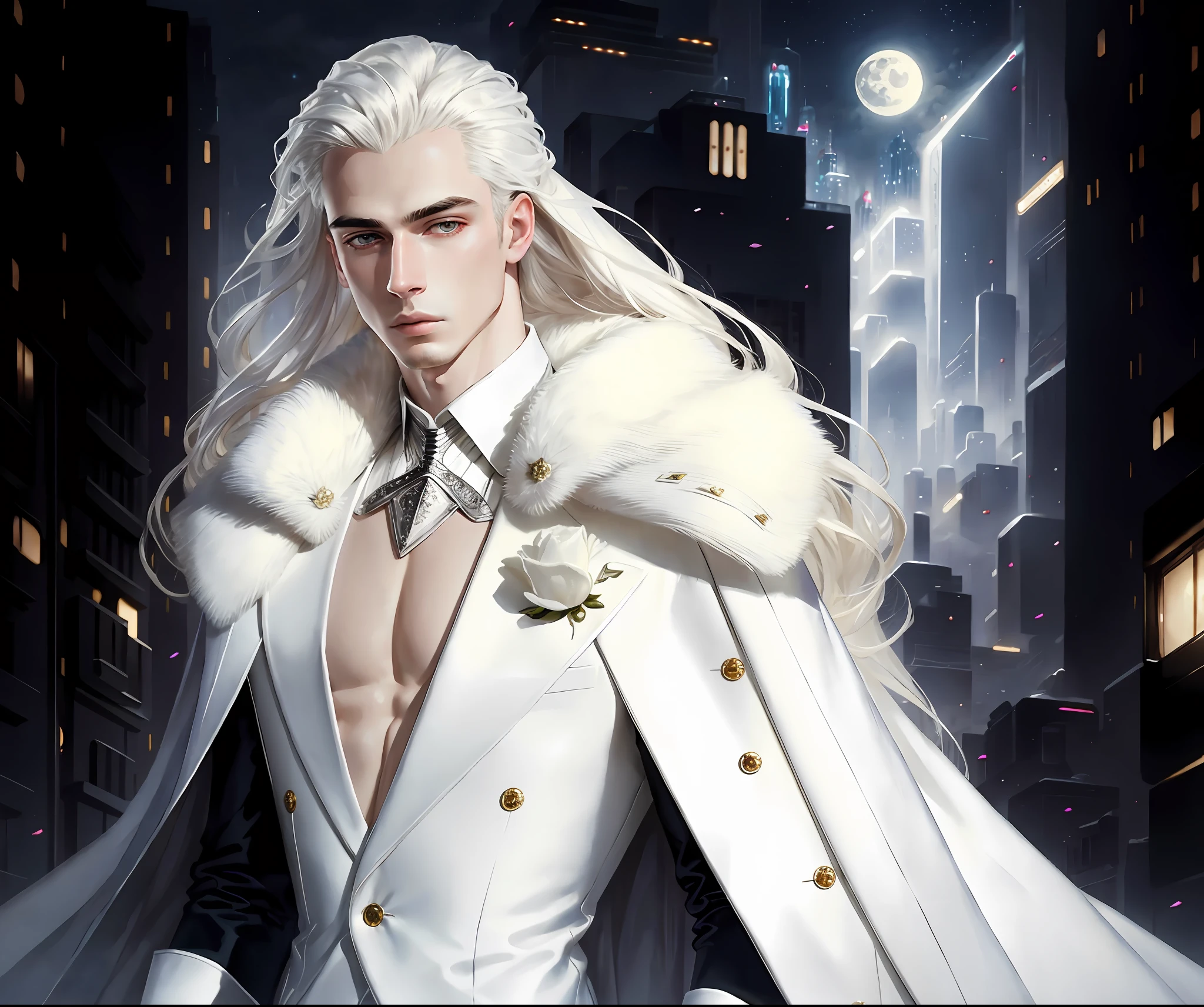 masterpiece, highest quality, (solo focus), (perfect face:1.1), (high detail:1.1),dramatic, 1guy, (pale skin), long white hair, white eyes, [light eyebrows], solo, long hair, moon, night, white luxury suit, covered navel, pouty lips, covered, futuristic city, detailed background, art by artgerm and greg rutkowski,  cinematic lighting, roses, fashion, BalenciagaStyle, Alexander McQueen