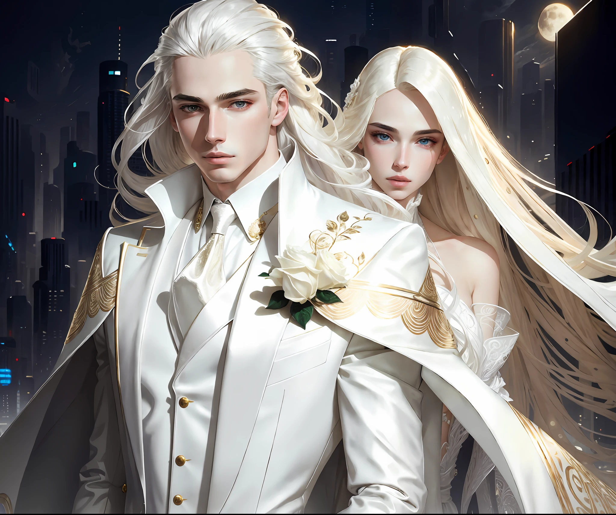 masterpiece, highest quality, (solo focus), (perfect face:1.1), (high detail:1.1),dramatic, 1guy, (pale skin), long white hair, white eyes, [light eyebrows], solo, long hair, moon, night, white luxury suit, covered navel, pouty lips, covered, futuristic city, detailed background, art by artgerm and greg rutkowski,  cinematic lighting, roses, fashion, BalenciagaStyle, Alexander McQueen
