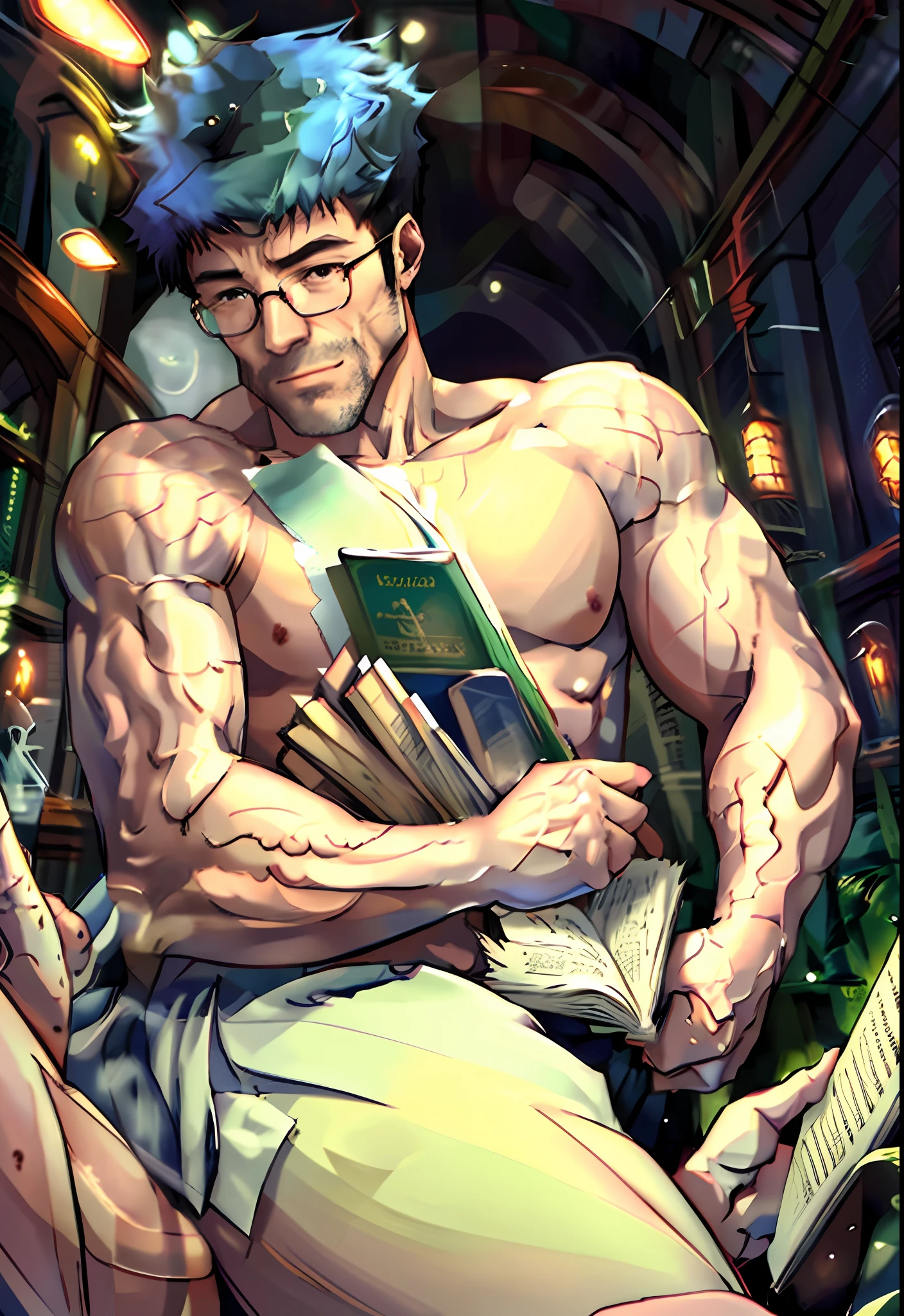 An ultra-detailed, high-quality, and appealing illustration of a "book nerd" with glasses and a nerdy outfit, surrounded by a cozy and dimly lit bookcase. The scene should depict a relaxing and heartwarming atmosphere, with the book nerd completely engrossed in reading one of the books. Use warm and muted tones to capture the coziness of the scene.