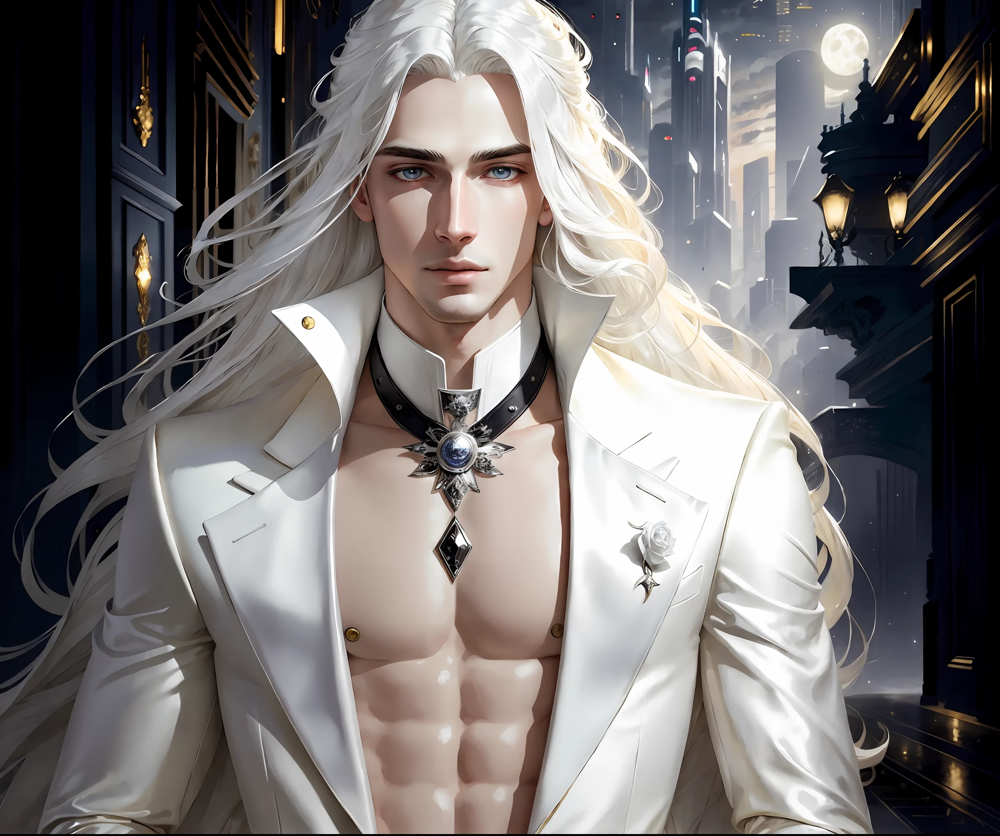 masterpiece, highest quality, (solo focus), (perfect face:1.1), (high detail:1.1),dramatic, 1guy, (pale skin), long white hair, white eyes, [light eyebrows], solo, long hair, moon, night, white luxury suit, covered navel, pouty lips, covered, futuristic city, detailed background, art by artgerm and greg rutkowski,  cinematic lighting, roses, fashion, BalenciagaStyle, Alexander McQueen