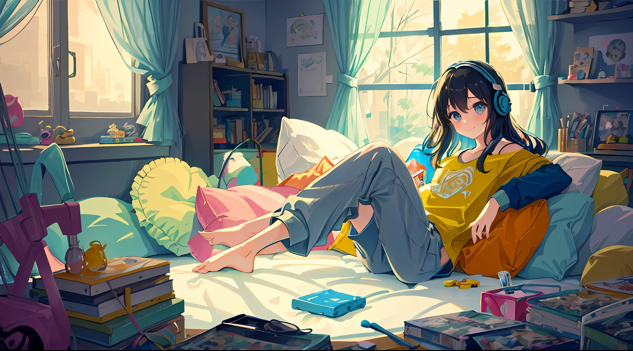 masterpiece, best quality, ultra-detailed, illustration, 2girls, sitting, playful, gaming, messy room, teenage, 15 years old, lighthearted, cozy, relaxed, cheerful, fondness, love, friendship, cute, touching, computer game, controllers, smiles, joy, laughter, comfortable, slippers, pajamas, messy hair, tousled, disarray, cluttered, toys, posters, pillows, blankets, lamp, desk, chair, cozy atmosphere, night lighting, bright colors, soft pastels, flowers, plants, books, headphones, snacks, soda, energy drinks, manga, novels, plushies, figurines, posters, pictures, posters, wall scrolls, stickers, decorations, bed, blankets, pillows, stuffed animals, cozy blankets, warm blankets, comfortable clothes, casual attire, leisure wear, sweatshirt, sweatpants, shorts, t-shirt, tank top, socks,